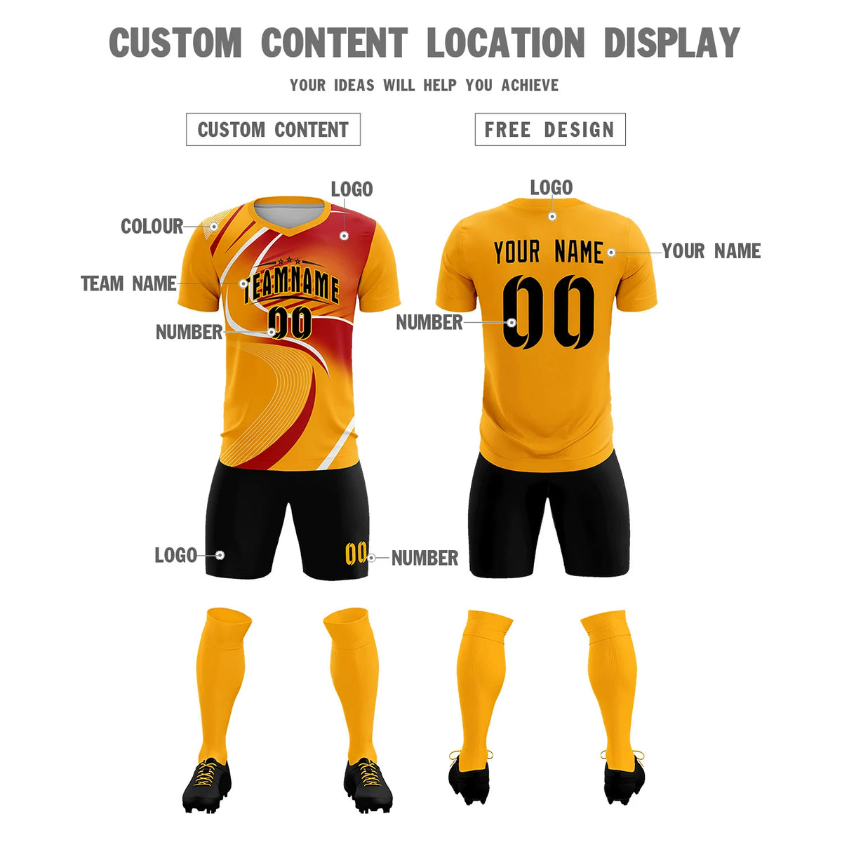 Custom Yellow White-Red Casual Printing Sportswear Soccer Sets Jersey