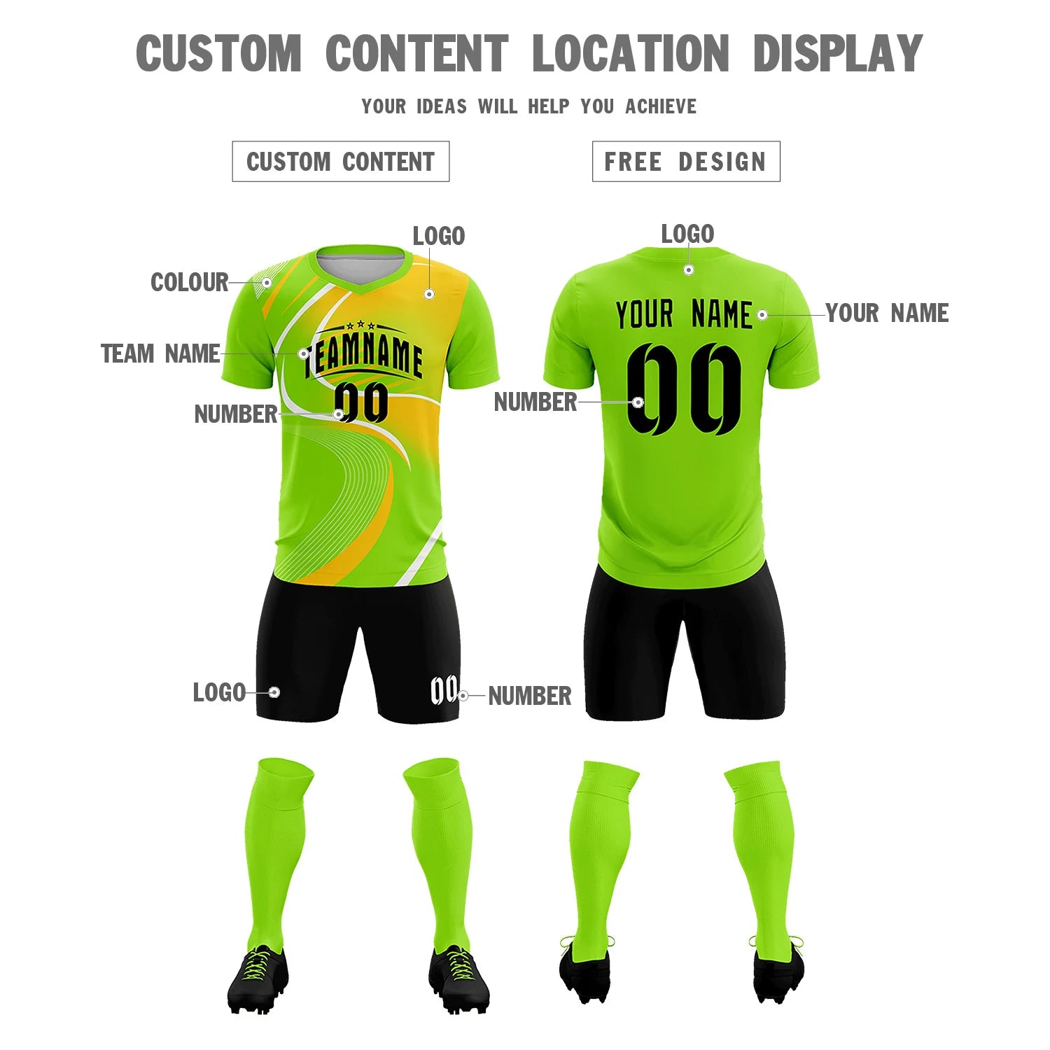 Custom Neon Green White-Gold01 Casual Printing Sportswear Soccer Sets Jersey