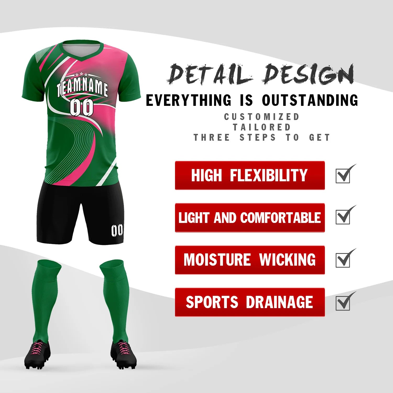 Custom Kelly Green White-Pink Casual Printing Sportswear Soccer Sets Jersey