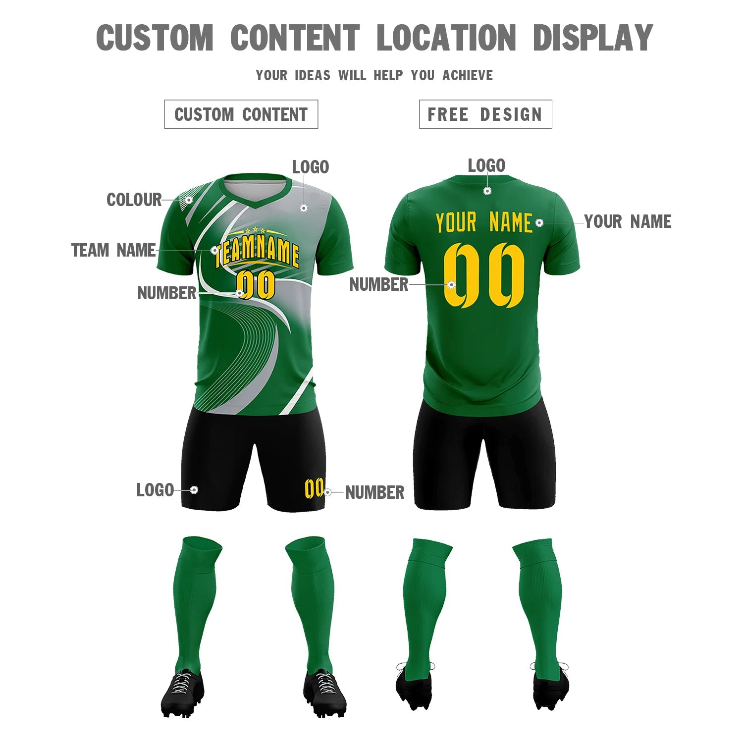 Custom Kelly Green White-Gray Casual Printing Sportswear Soccer Sets Jersey