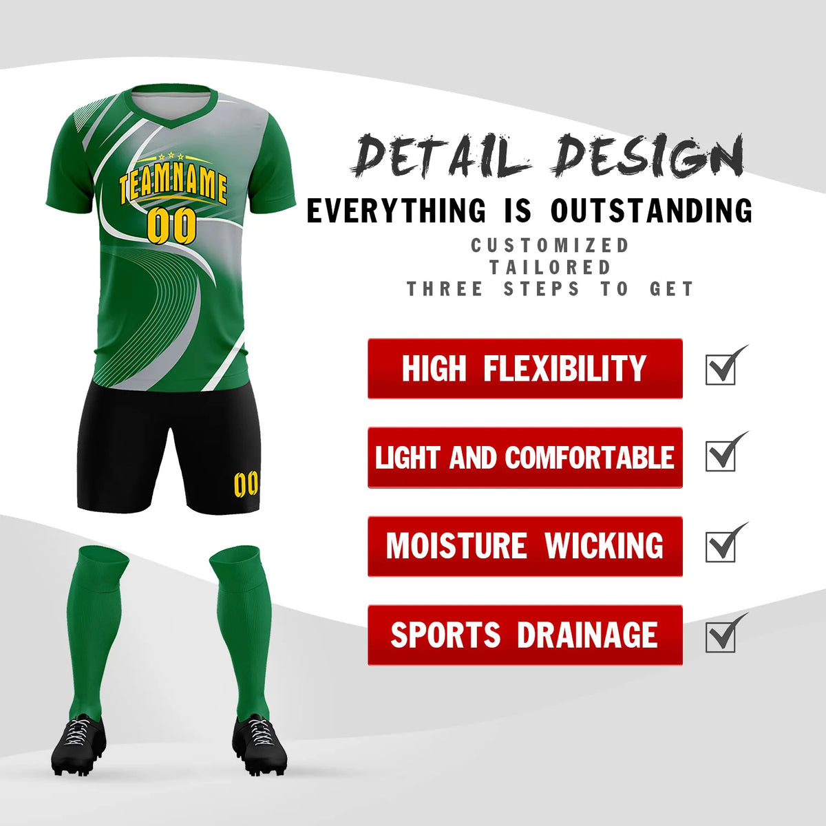 Custom Kelly Green White-Gray Casual Printing Sportswear Soccer Sets Jersey