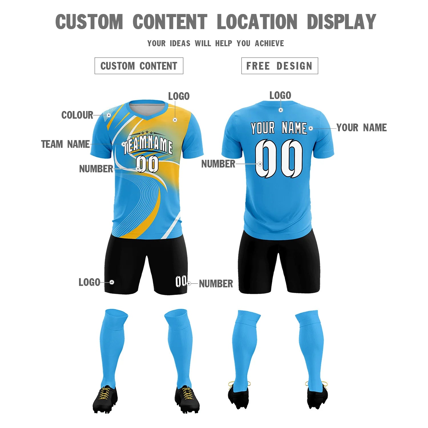 Custom Powder Blue White-Gold01 Casual Printing Sportswear Soccer Sets Jersey