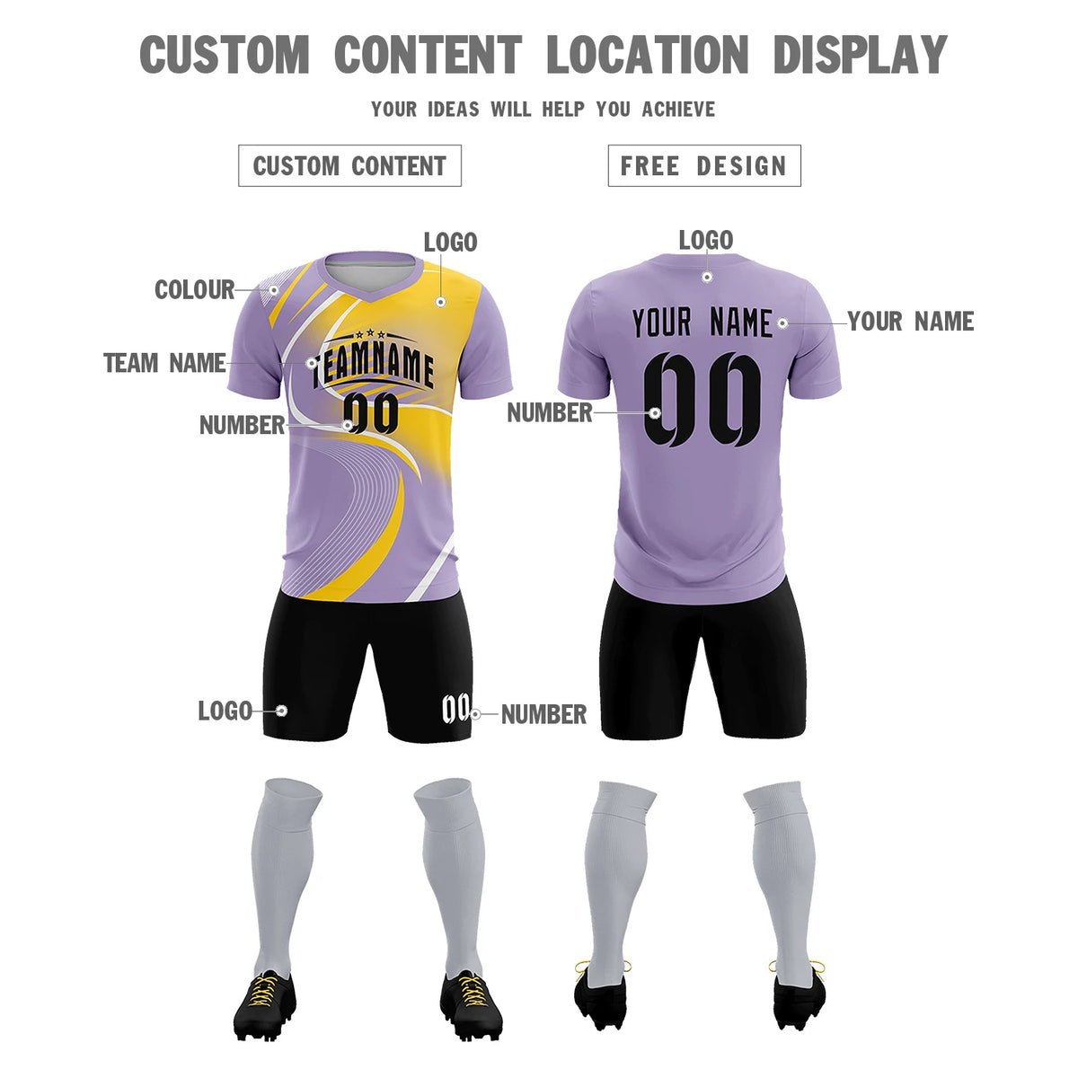 Custom Light Purple White-Gold01 Casual Printing Sportswear Soccer Sets Jersey