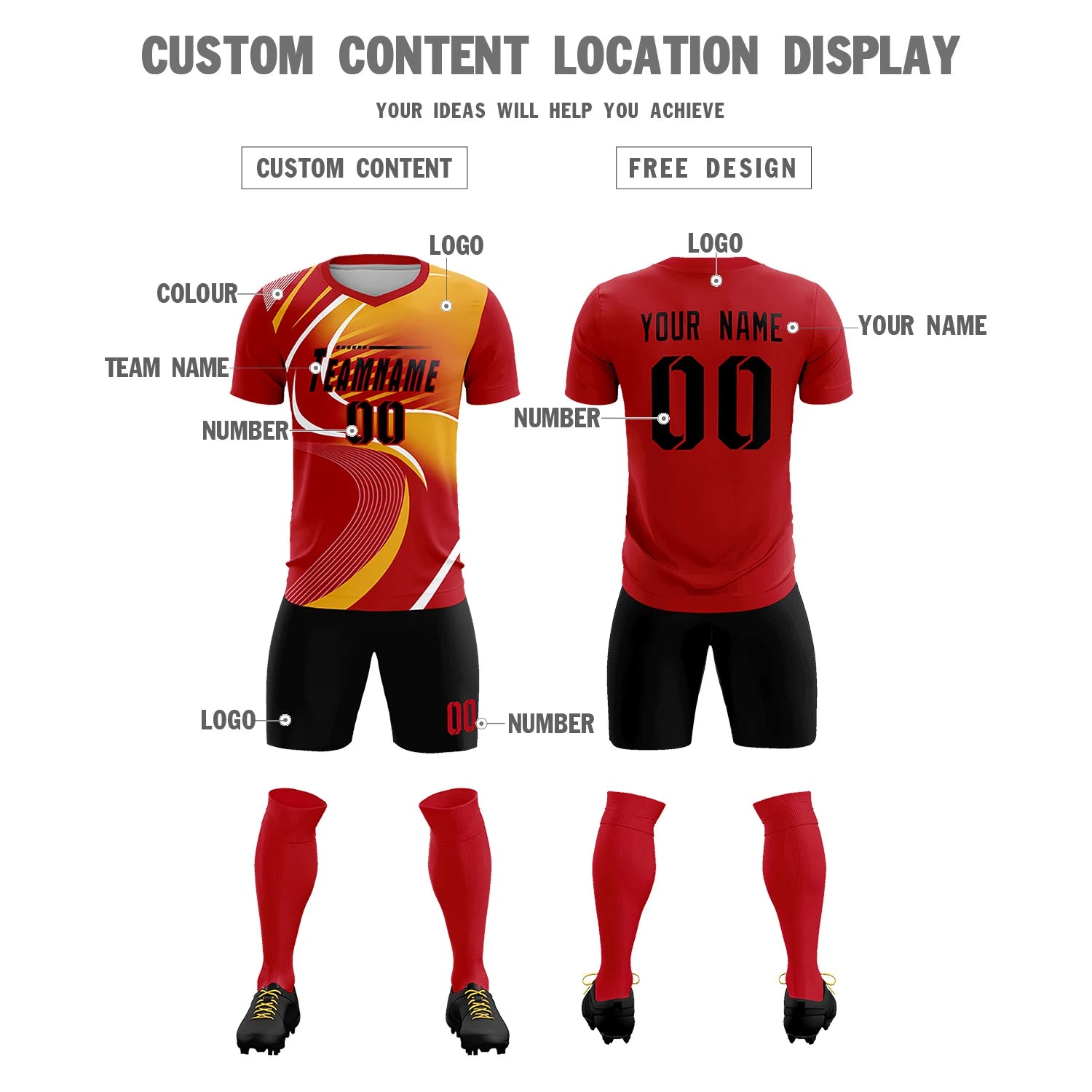 Custom Red White-Yellow Casual Printing Sportswear Soccer Sets Jersey