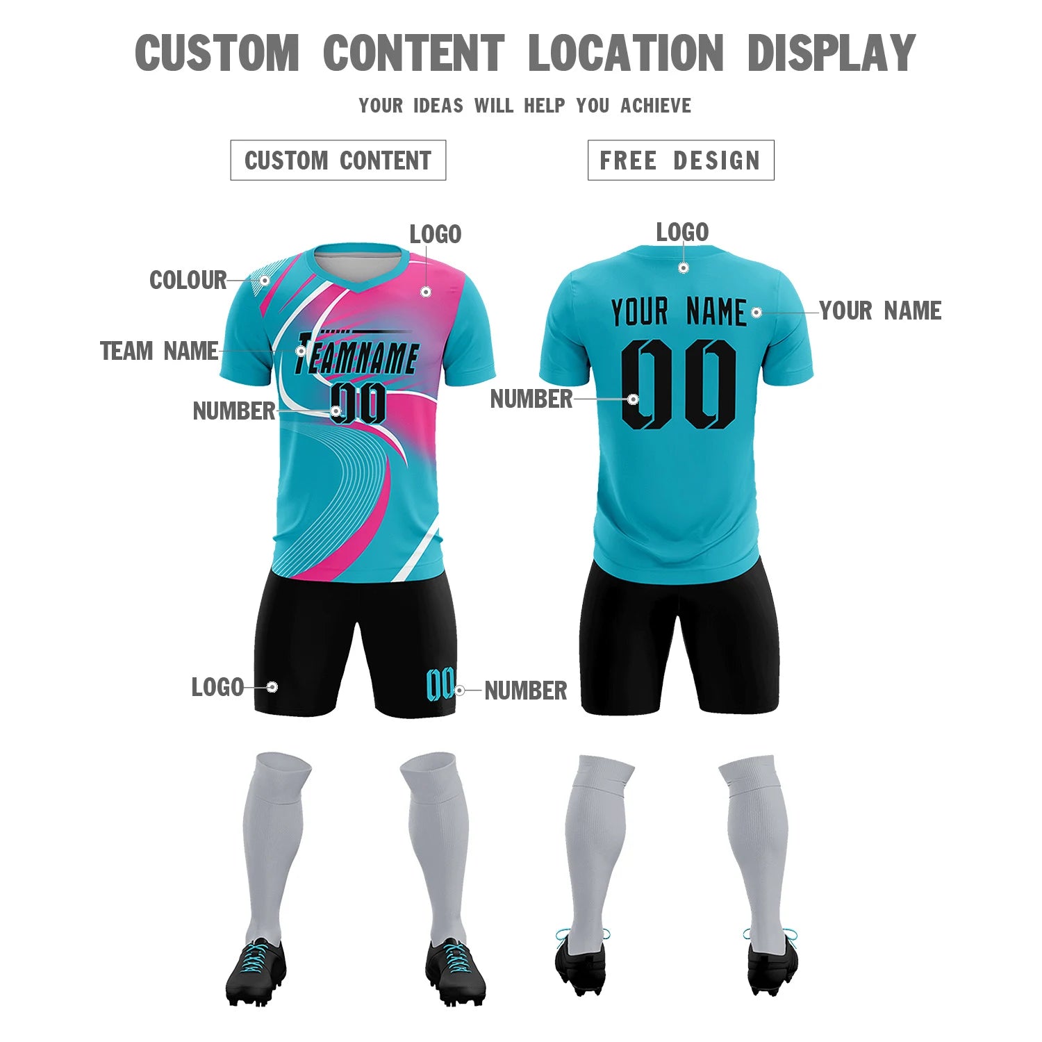 Custom Aqua White-Pink Casual Printing Sportswear Soccer Sets Jersey