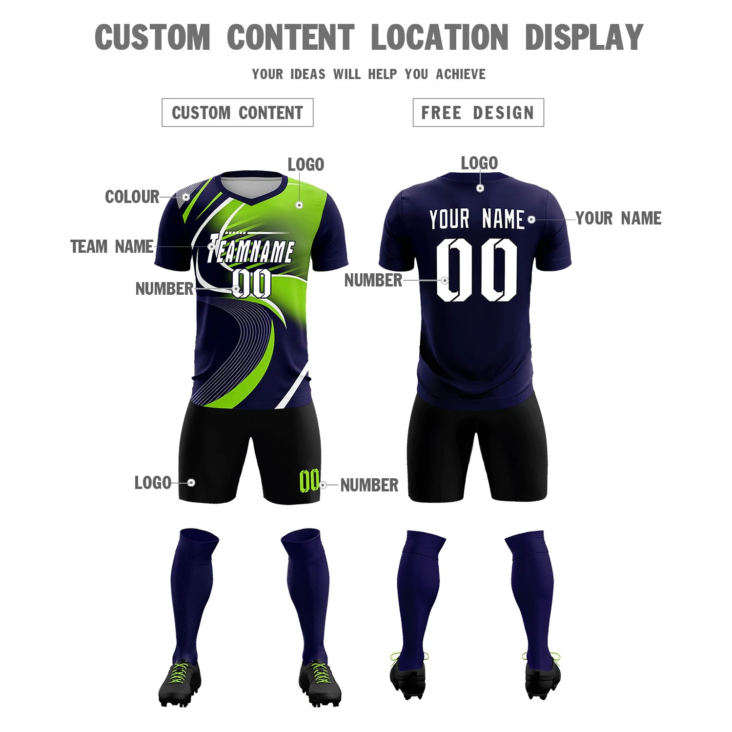 Custom Navy White-Neon Green Casual Printing Sportswear Soccer Sets Jersey