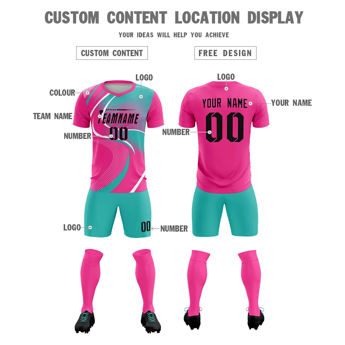 Custom Pink White-Bright Green Casual Printing Sportswear Soccer Sets Jersey