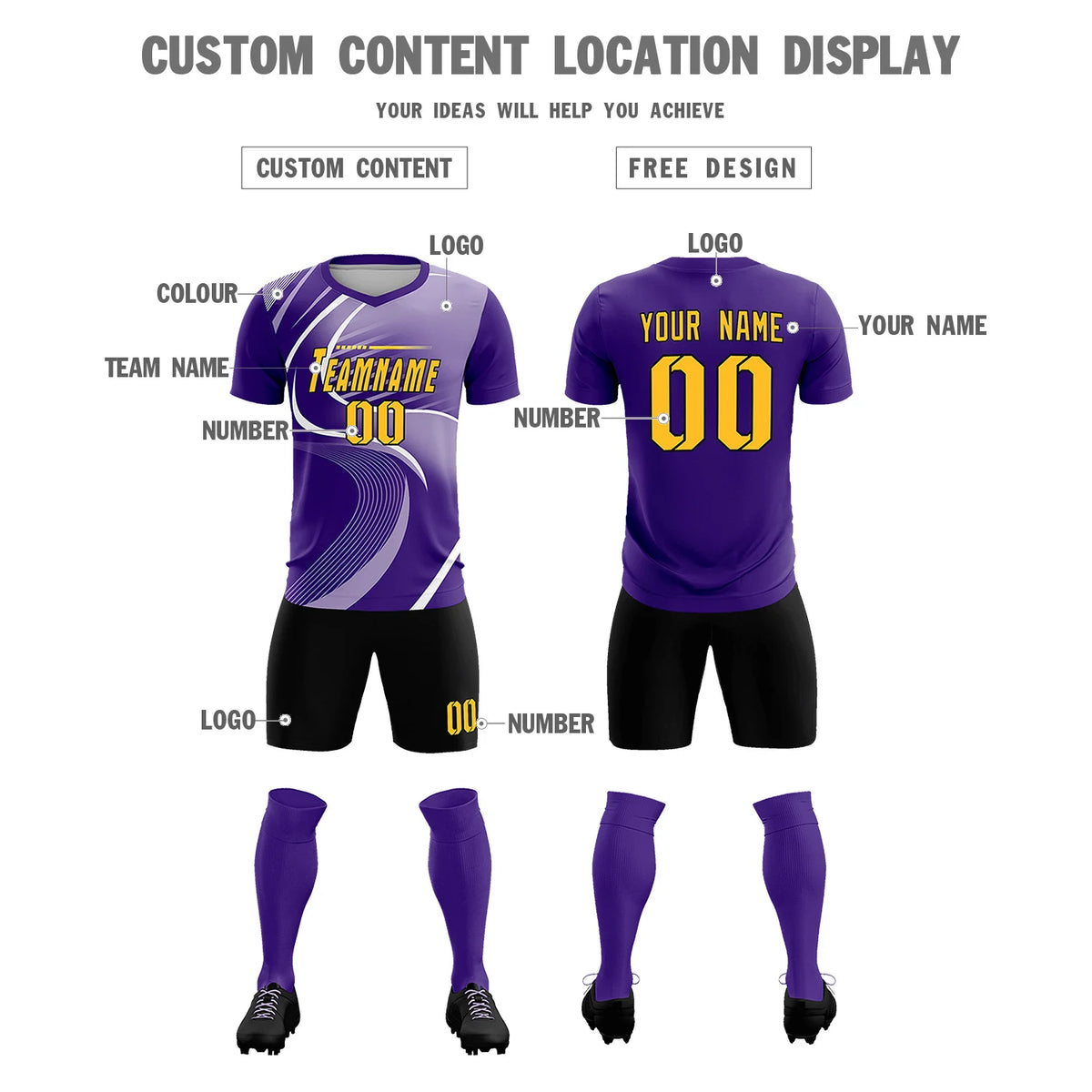 Custom Purple White-Light Purple Casual Printing Sportswear Soccer Sets Jersey