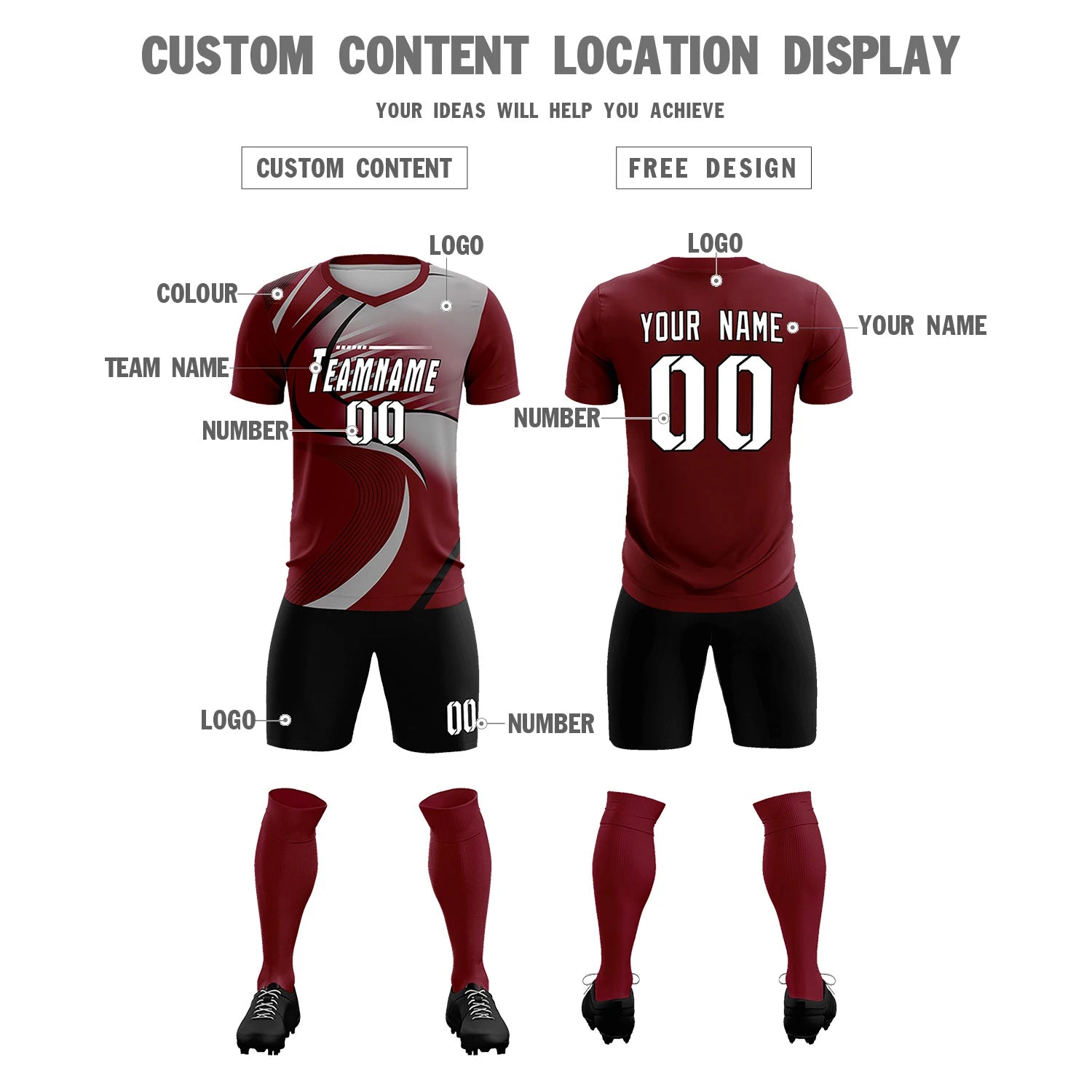 Custom Crimson Black-Gray Casual Printing Sportswear Soccer Sets Jersey