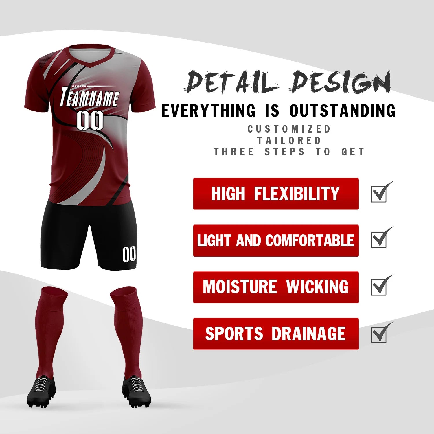 Custom Crimson Black-Gray Casual Printing Sportswear Soccer Sets Jersey