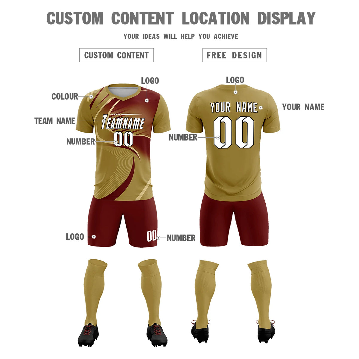 Custom Old Gold Khaki-Crimson Casual Printing Sportswear Soccer Sets Jersey