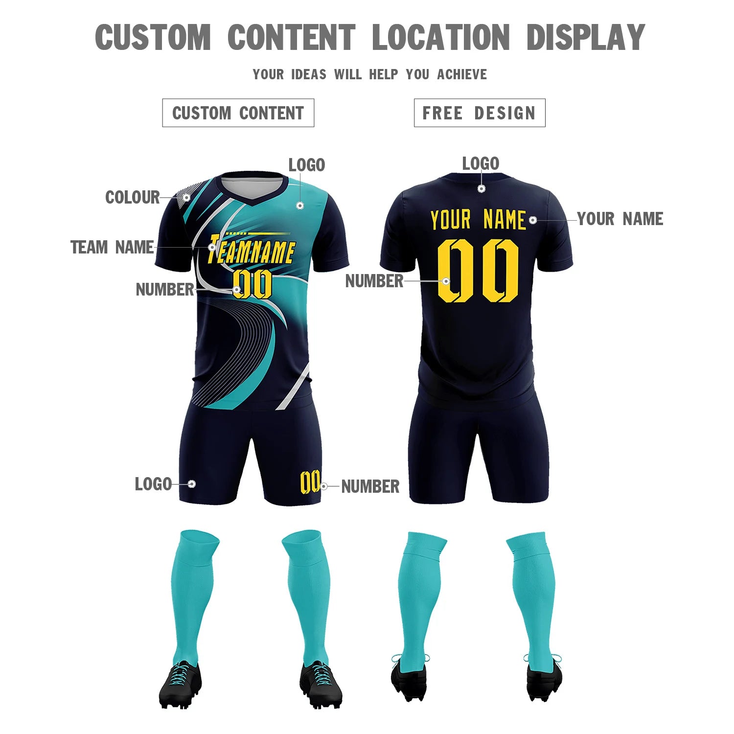 Custom Navy Gray-Aqua Casual Printing Sportswear Soccer Sets Jersey