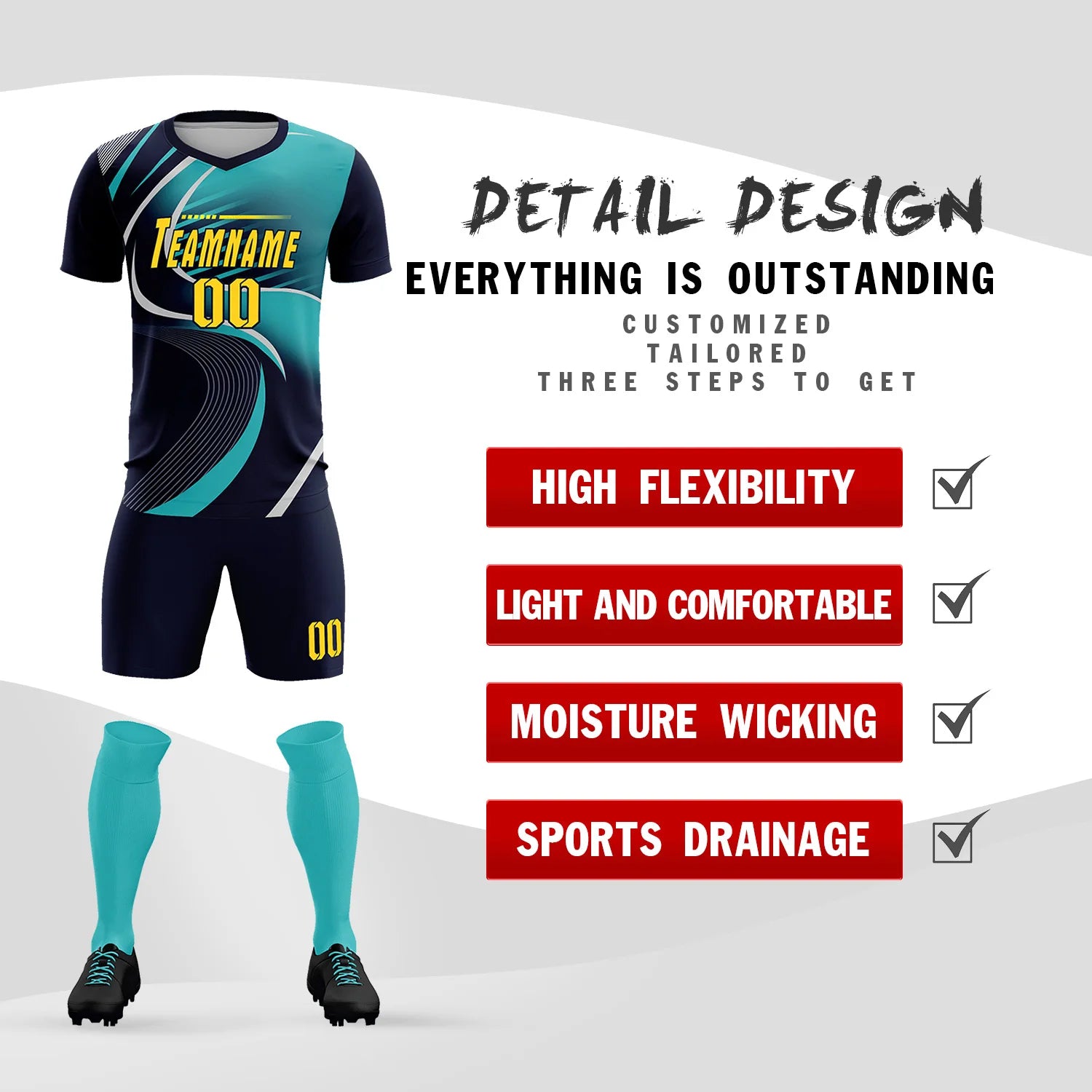 Custom Navy Gray-Aqua Casual Printing Sportswear Soccer Sets Jersey