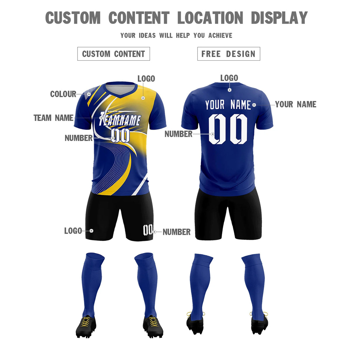 Custom Royal Blue White-Gold01 Casual Printing Sportswear Soccer Sets Jersey