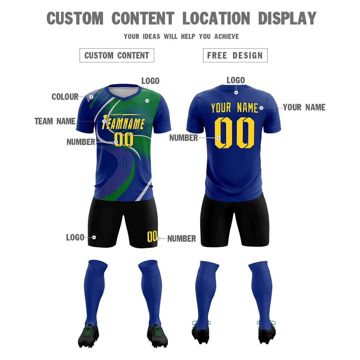 Custom Royal Blue Gray-Kelly Green Casual Printing Sportswear Soccer Sets Jersey