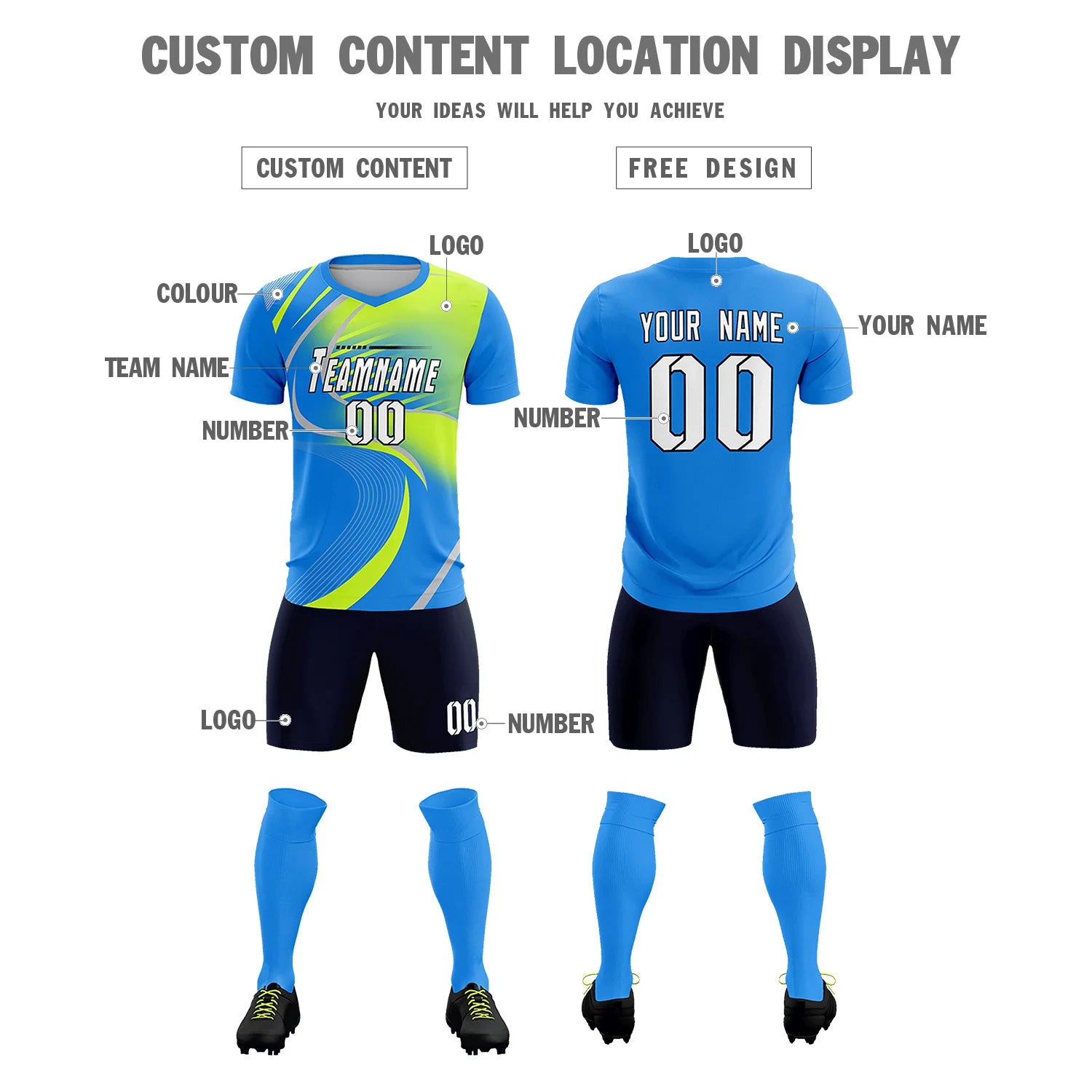 Custom Powder Blue Gray-Neon Green Casual Printing Sportswear Soccer Sets Jersey