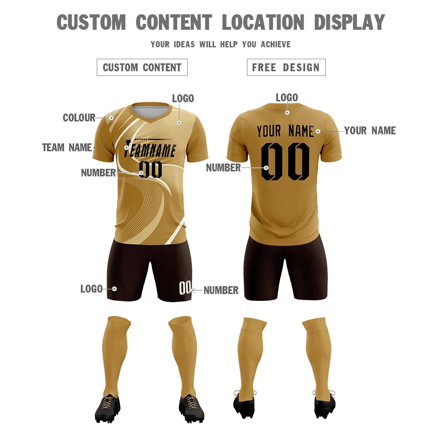 Custom Old Gold Khaki-Khaki Casual Printing Sportswear Soccer Sets Jersey