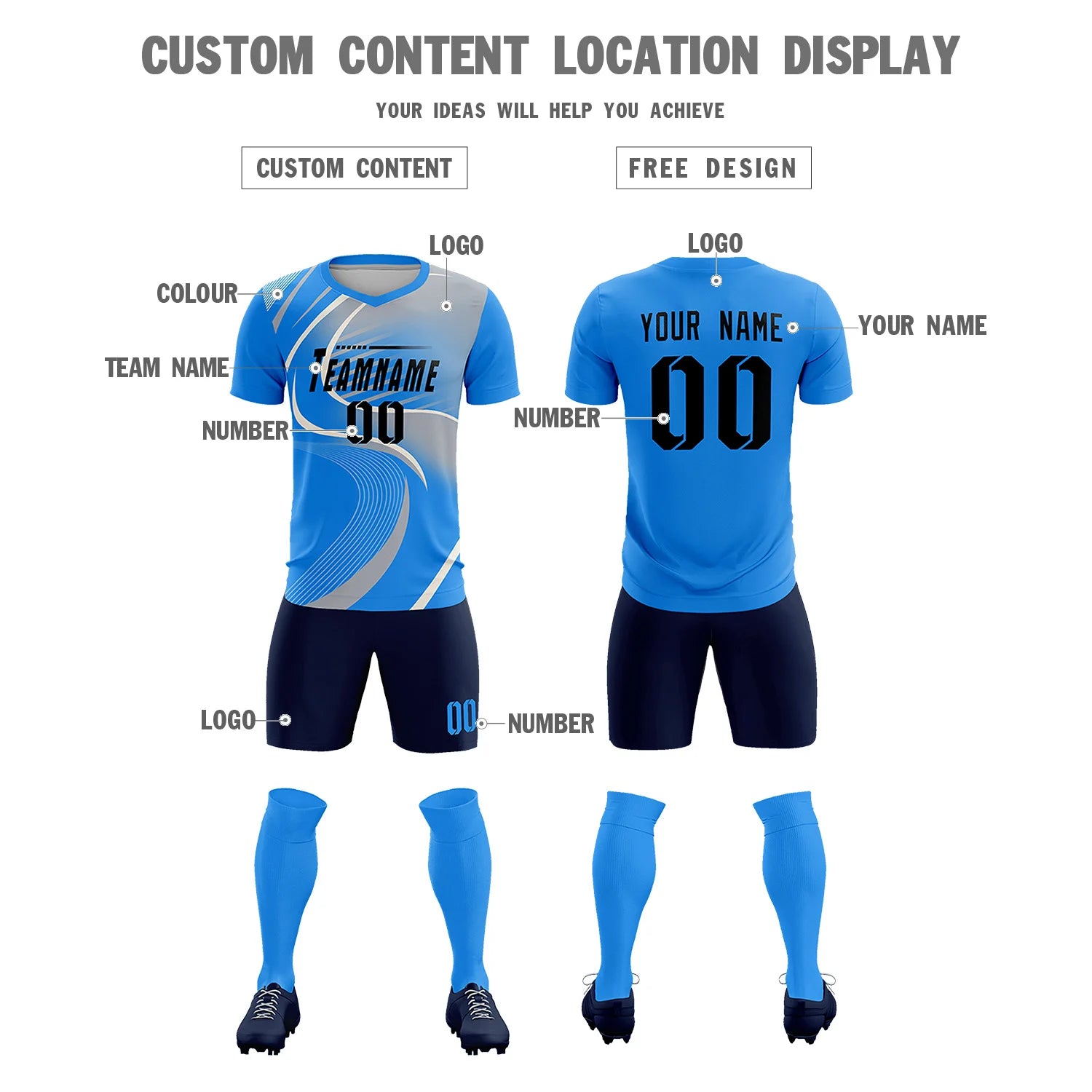 Custom Powder Blue White-Gray Casual Printing Sportswear Soccer Sets Jersey
