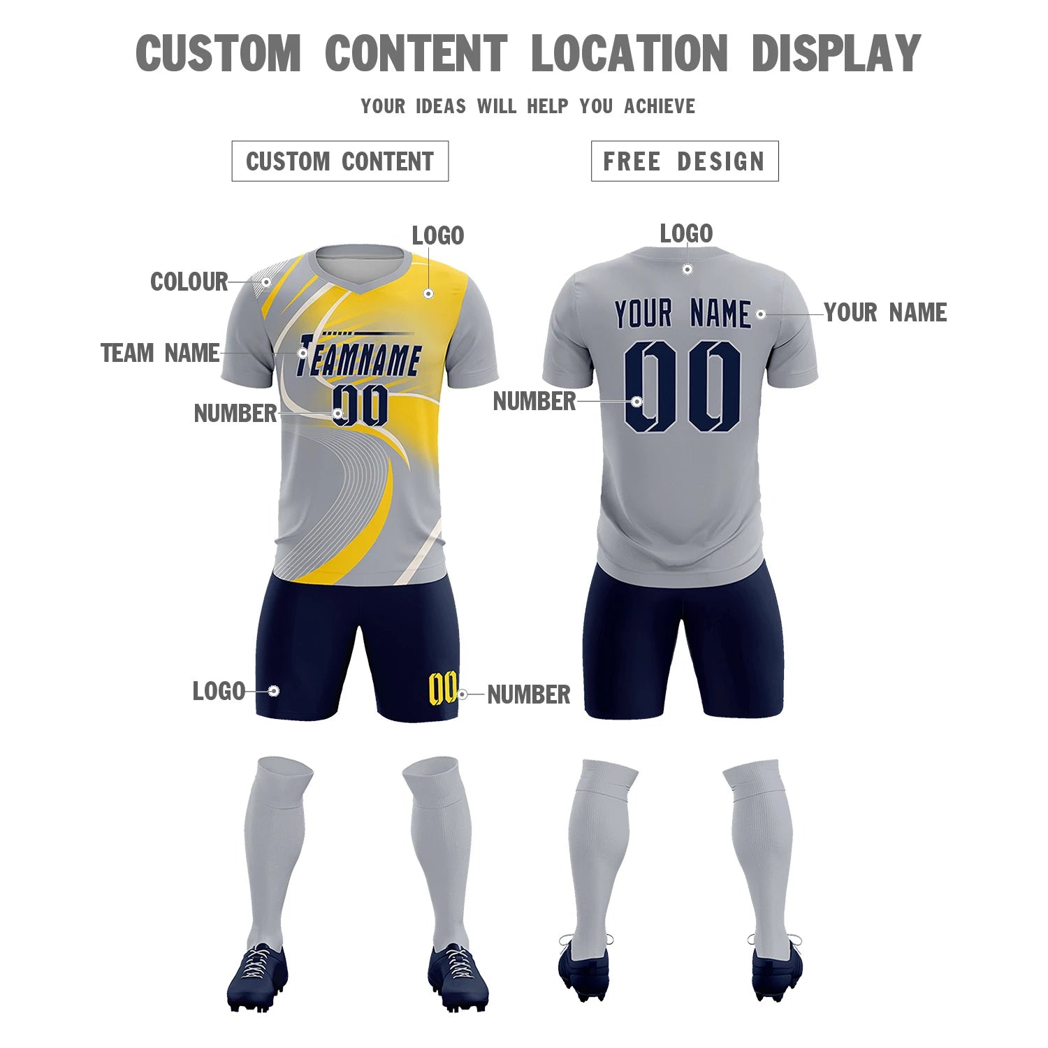 Custom Gray White-Gold01 Casual Printing Sportswear Soccer Sets Jersey