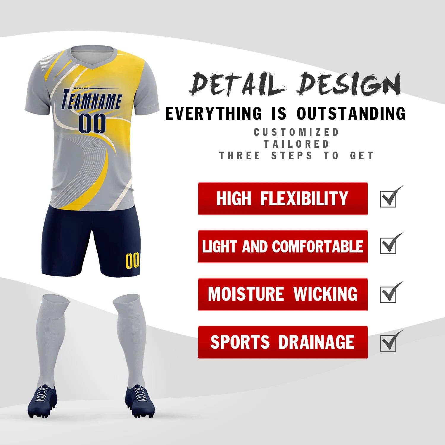Custom Gray White-Gold01 Casual Printing Sportswear Soccer Sets Jersey