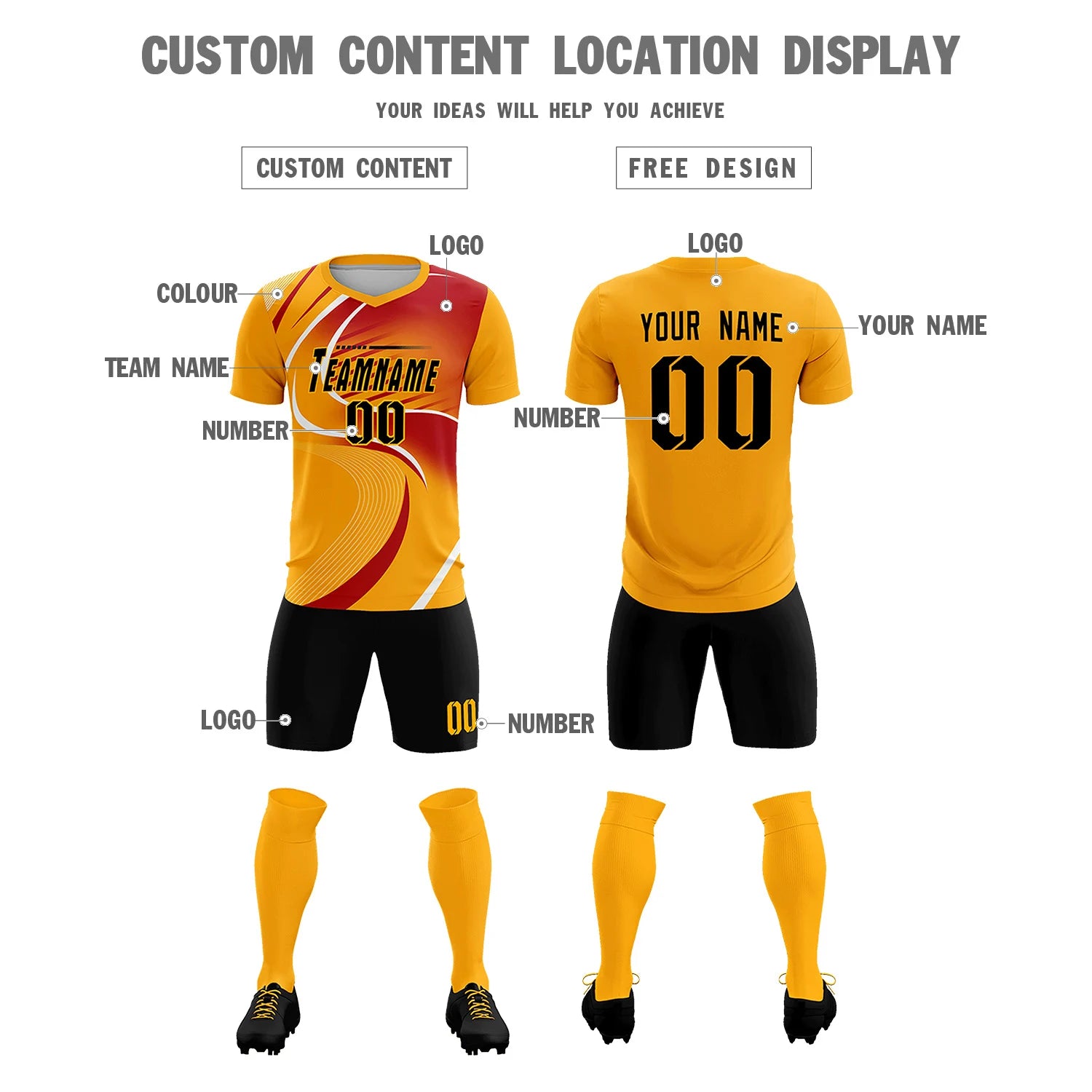 Custom Yellow White-Red Casual Printing Sportswear Soccer Sets Jersey