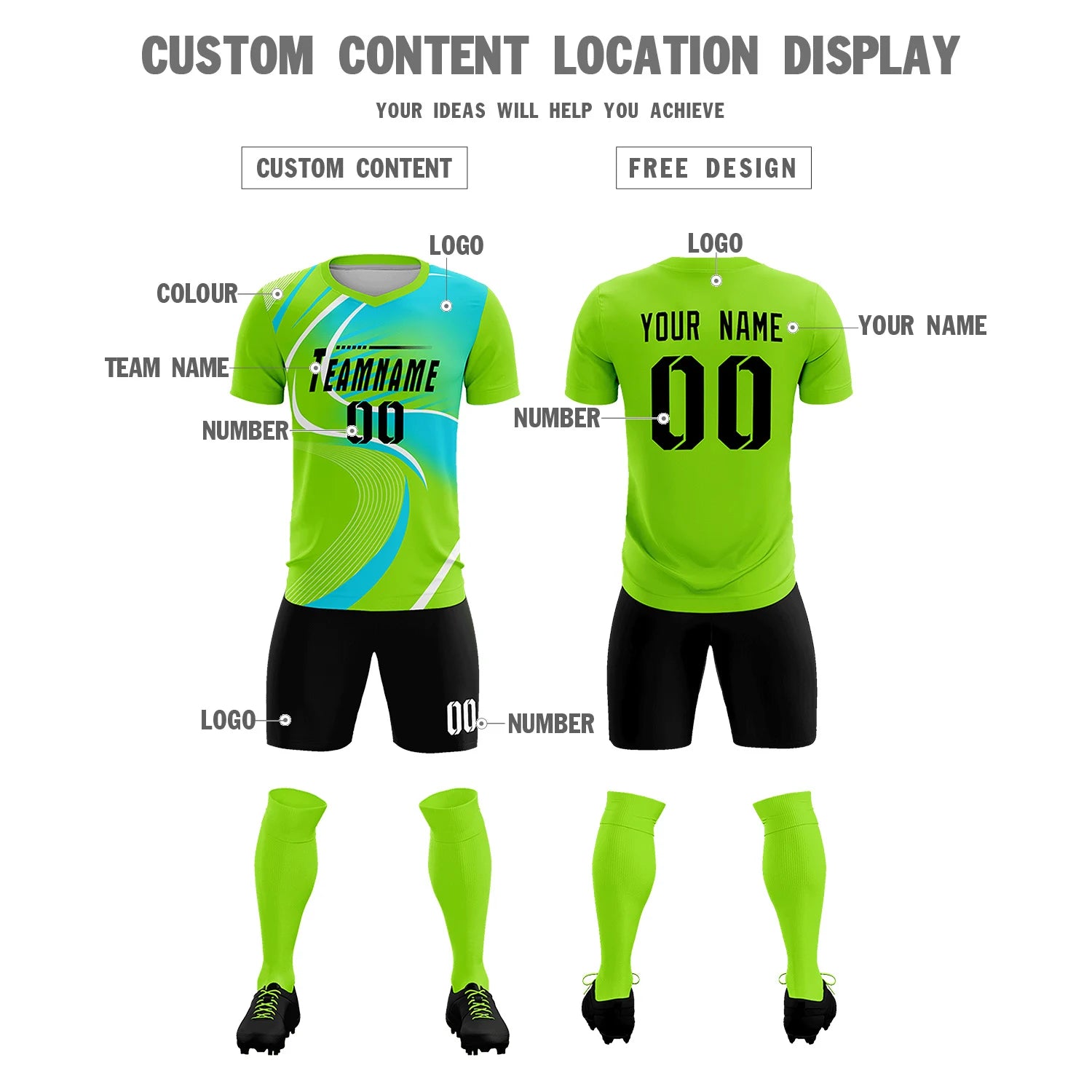 Custom Neon Green White-Sky Blue Casual Printing Sportswear Soccer Sets Jersey