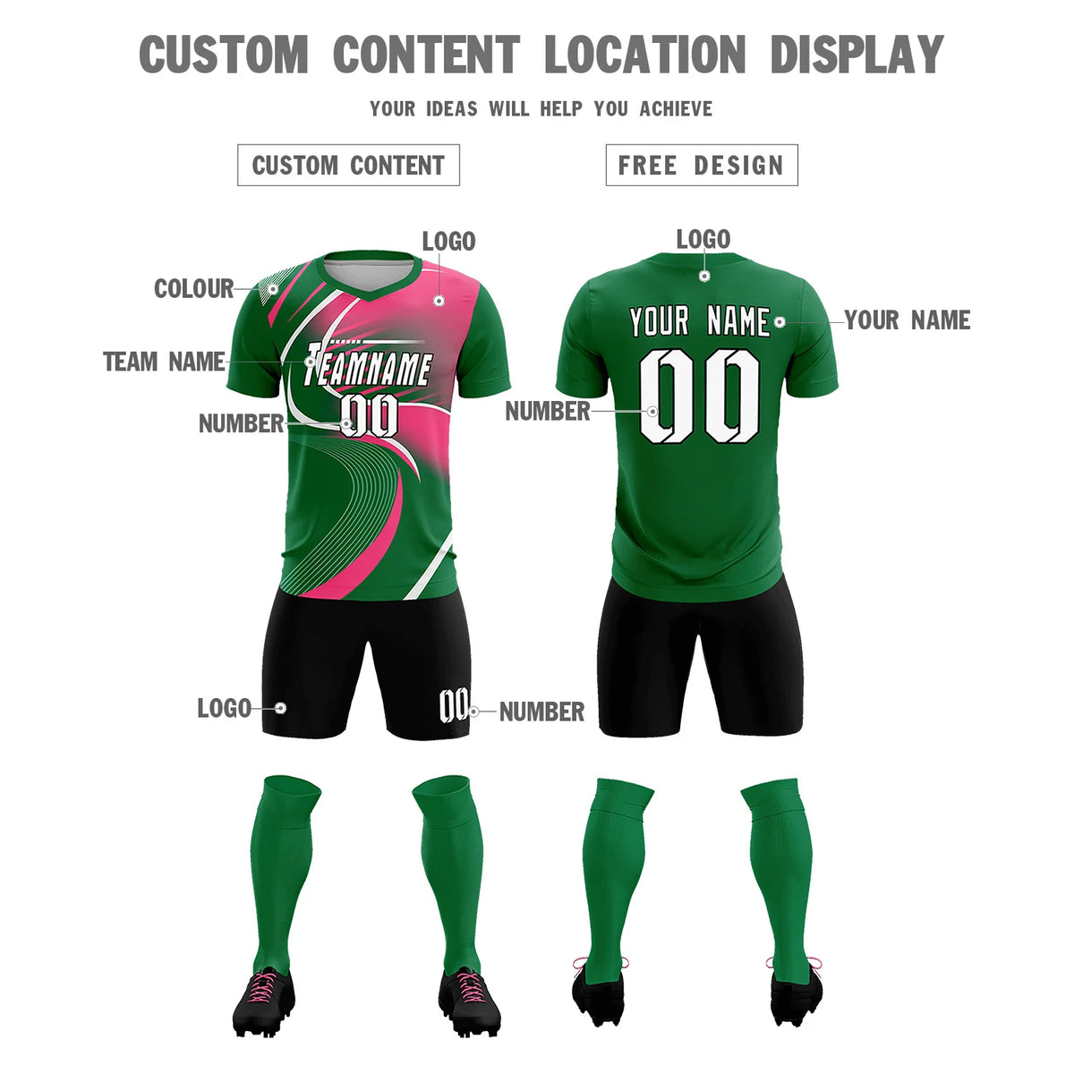Custom Kelly Green White-Pink Casual Printing Sportswear Soccer Sets Jersey