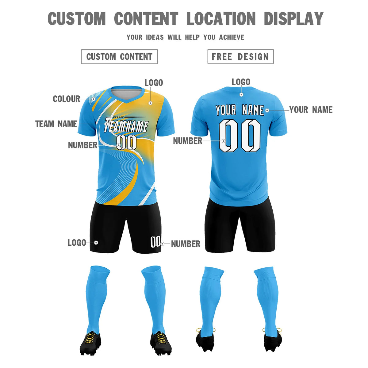 Custom Powder Blue White-Gold01 Casual Printing Sportswear Soccer Sets Jersey