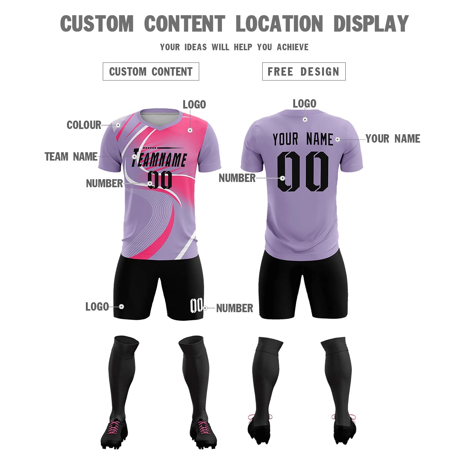 Custom Light Purple White-Pink Casual Printing Sportswear Soccer Sets Jersey