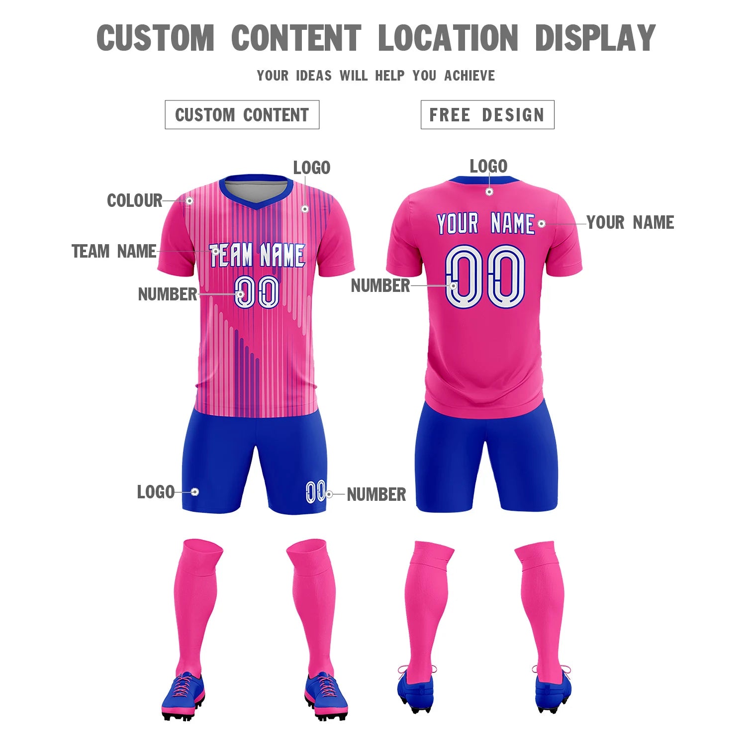 Custom Pink Royal Blue Soft Training Uniform Soccer Sets Jersey