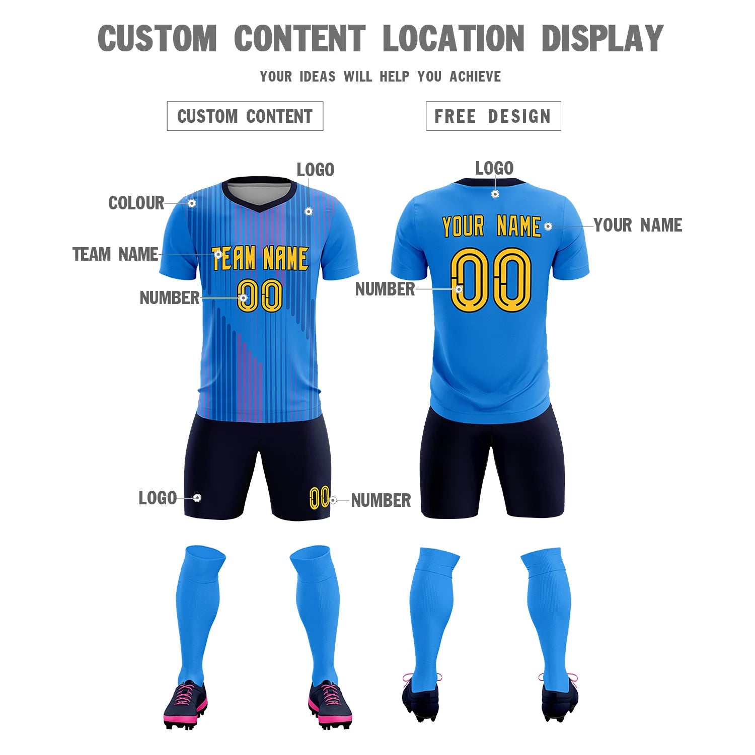 Custom Powder Blue Navy Soft Training Uniform Soccer Sets Jersey