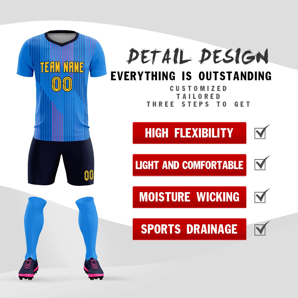Custom Powder Blue Navy Soft Training Uniform Soccer Sets Jersey
