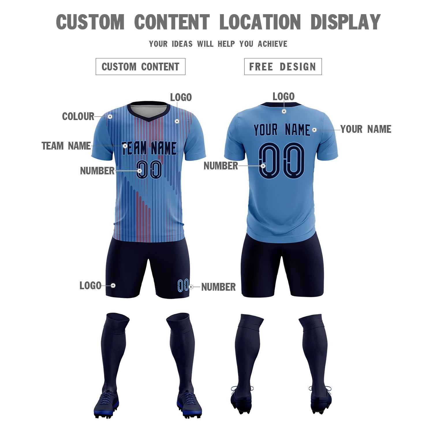 Custom Light Blue Navy Soft Training Uniform Soccer Sets Jersey