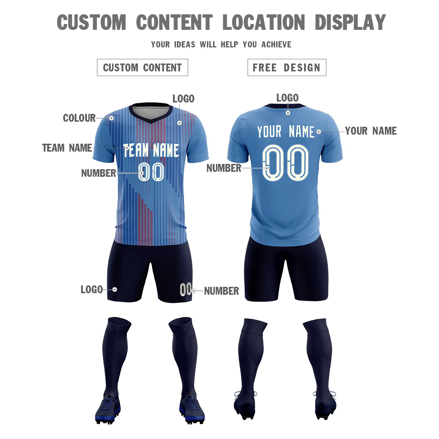 Custom Light Blue Navy Soft Training Uniform Soccer Sets Jersey