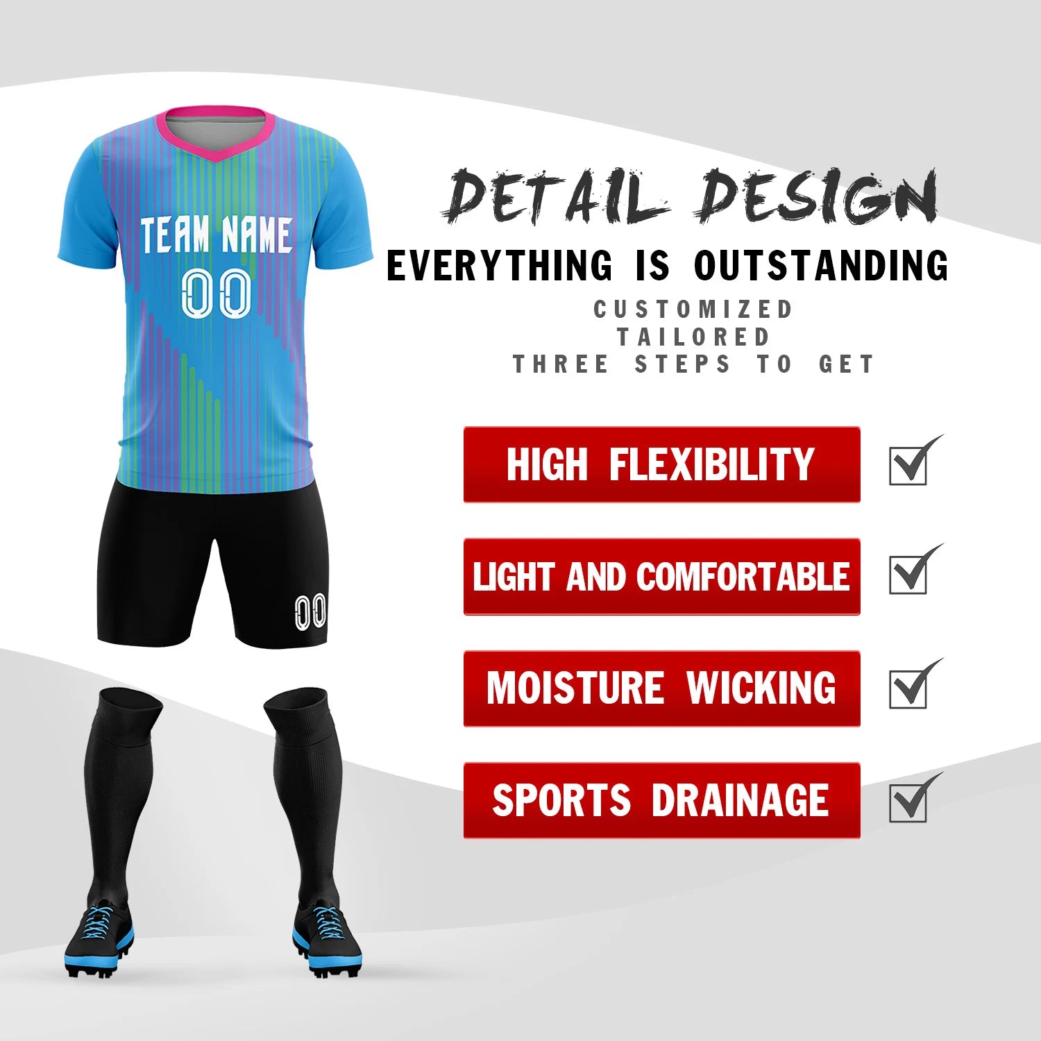 Custom Powder Blue Pink Soft Training Uniform Soccer Sets Jersey