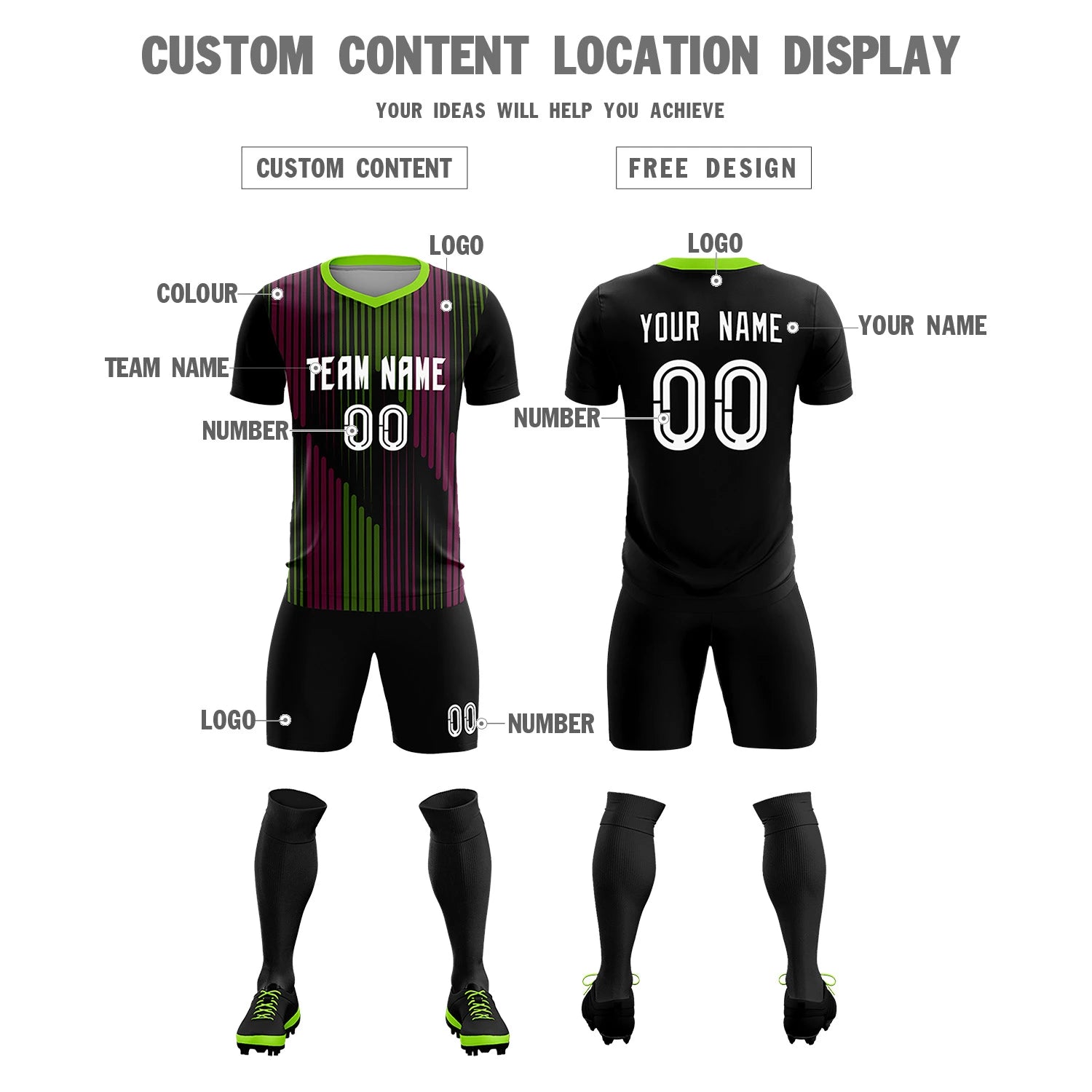 Custom Black Neon Green Soft Training Uniform Soccer Sets Jersey