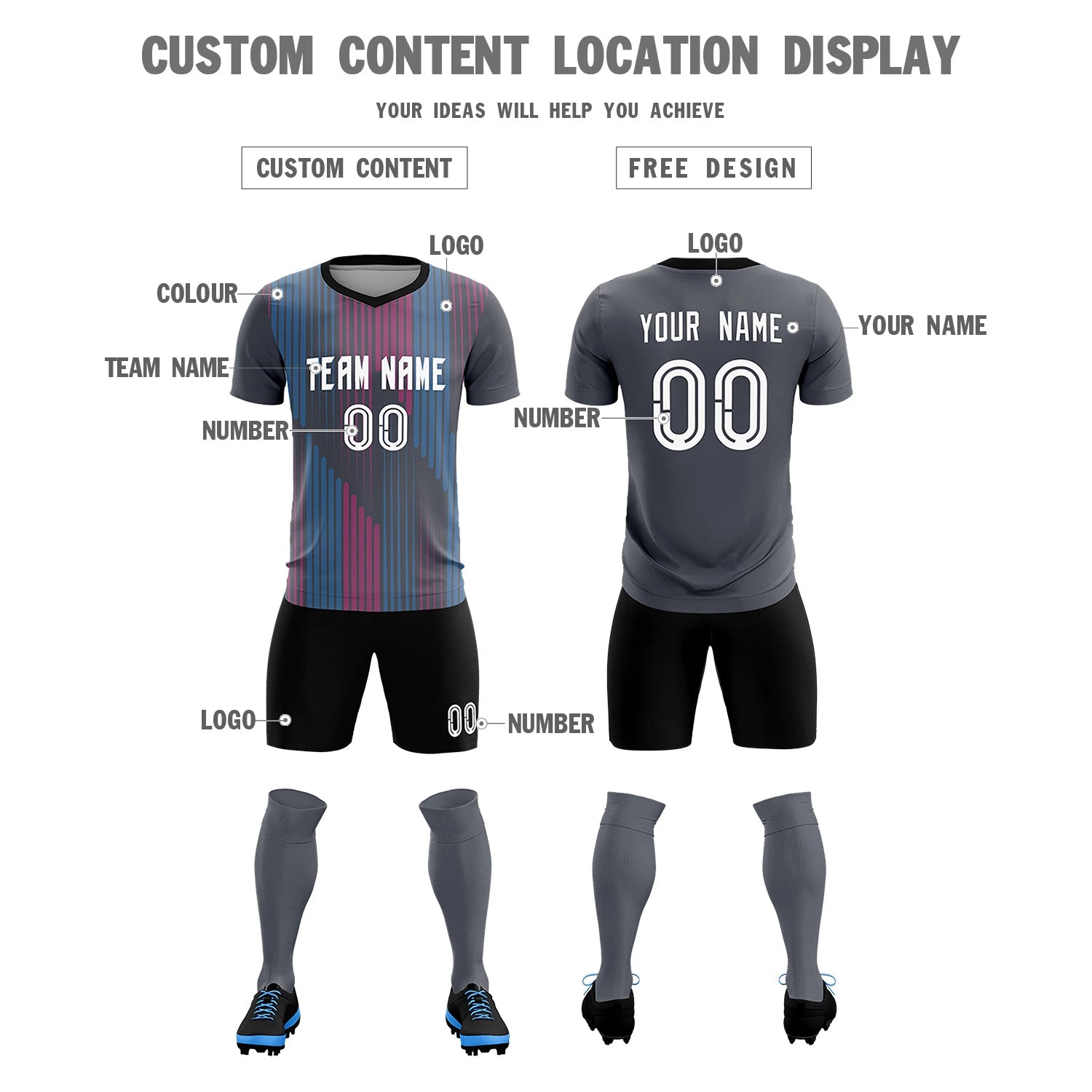 Custom Gray Black Soft Training Uniform Soccer Sets Jersey