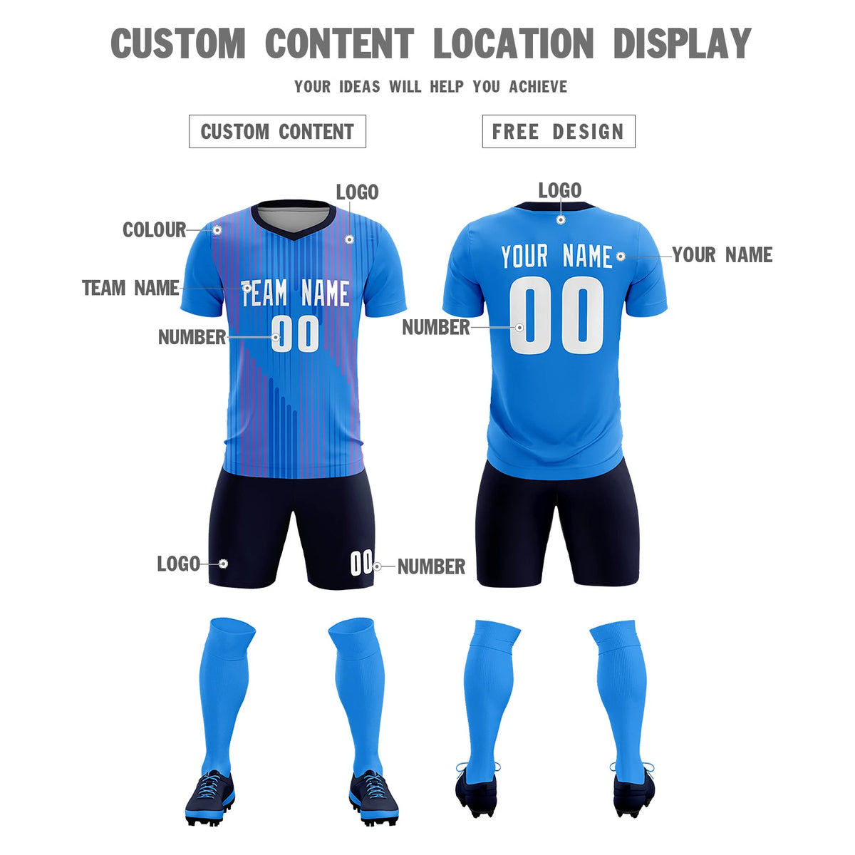 Custom Powder Blue Navy Soft Training Uniform Soccer Sets Jersey