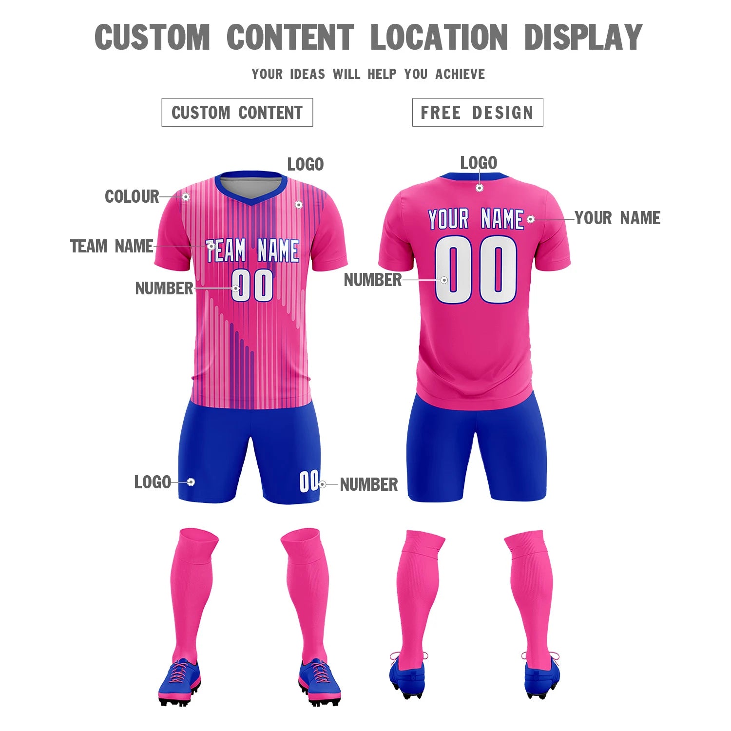 Custom Pink Royal Blue Soft Training Uniform Soccer Sets Jersey
