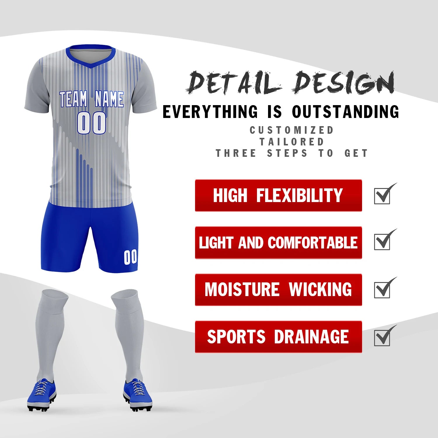 Custom Gray Royal Blue Soft Training Uniform Soccer Sets Jersey