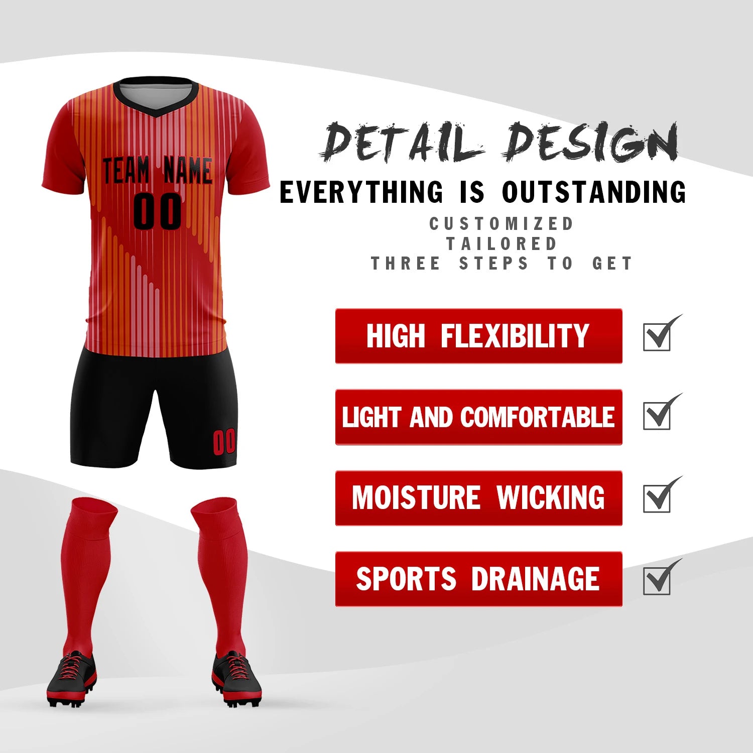 Custom Red Black Soft Training Uniform Soccer Sets Jersey