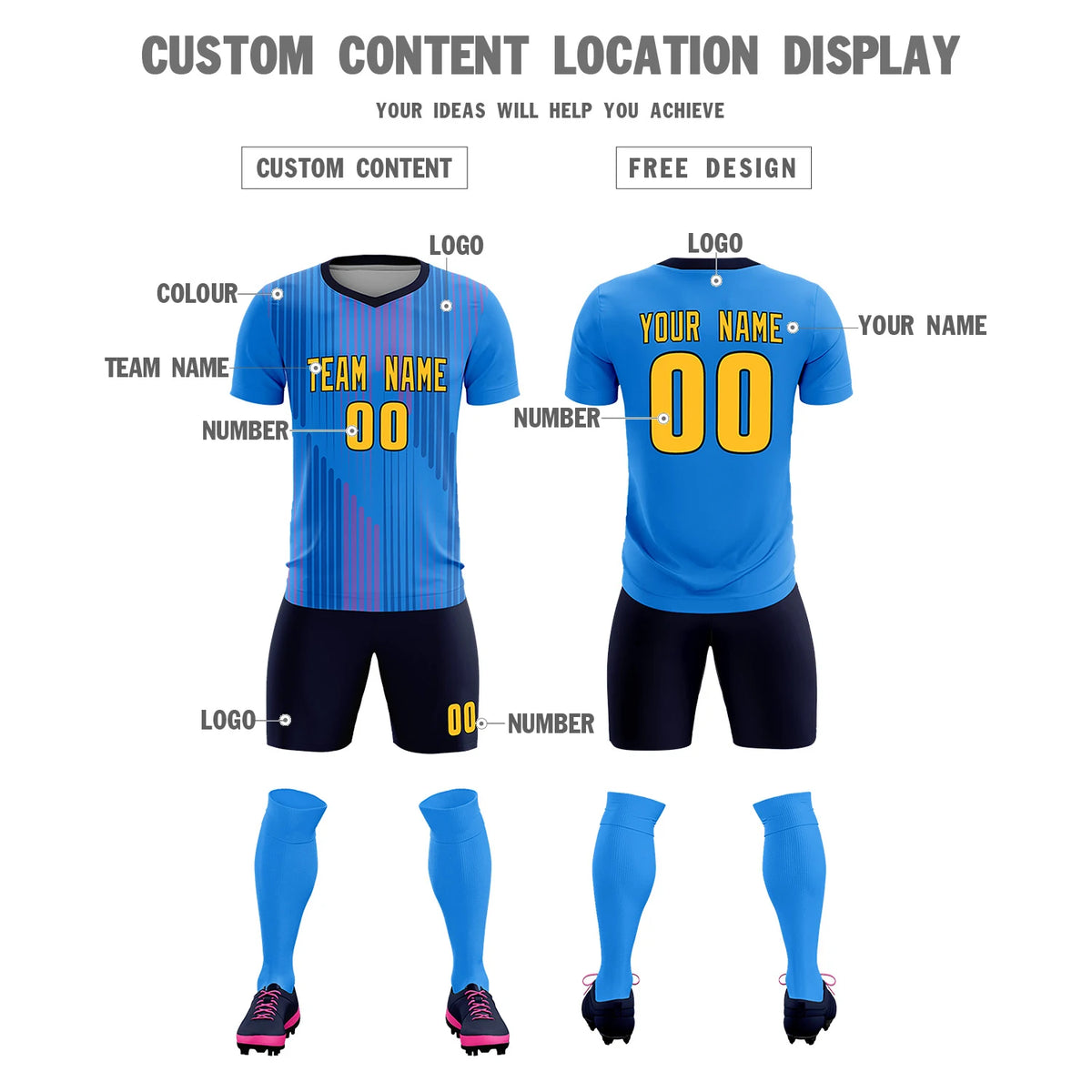 Custom Powder Blue Navy Soft Training Uniform Soccer Sets Jersey