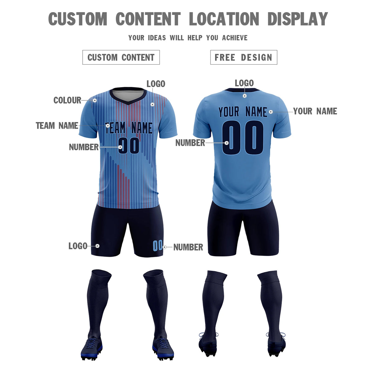 Custom Light Blue Navy Soft Training Uniform Soccer Sets Jersey