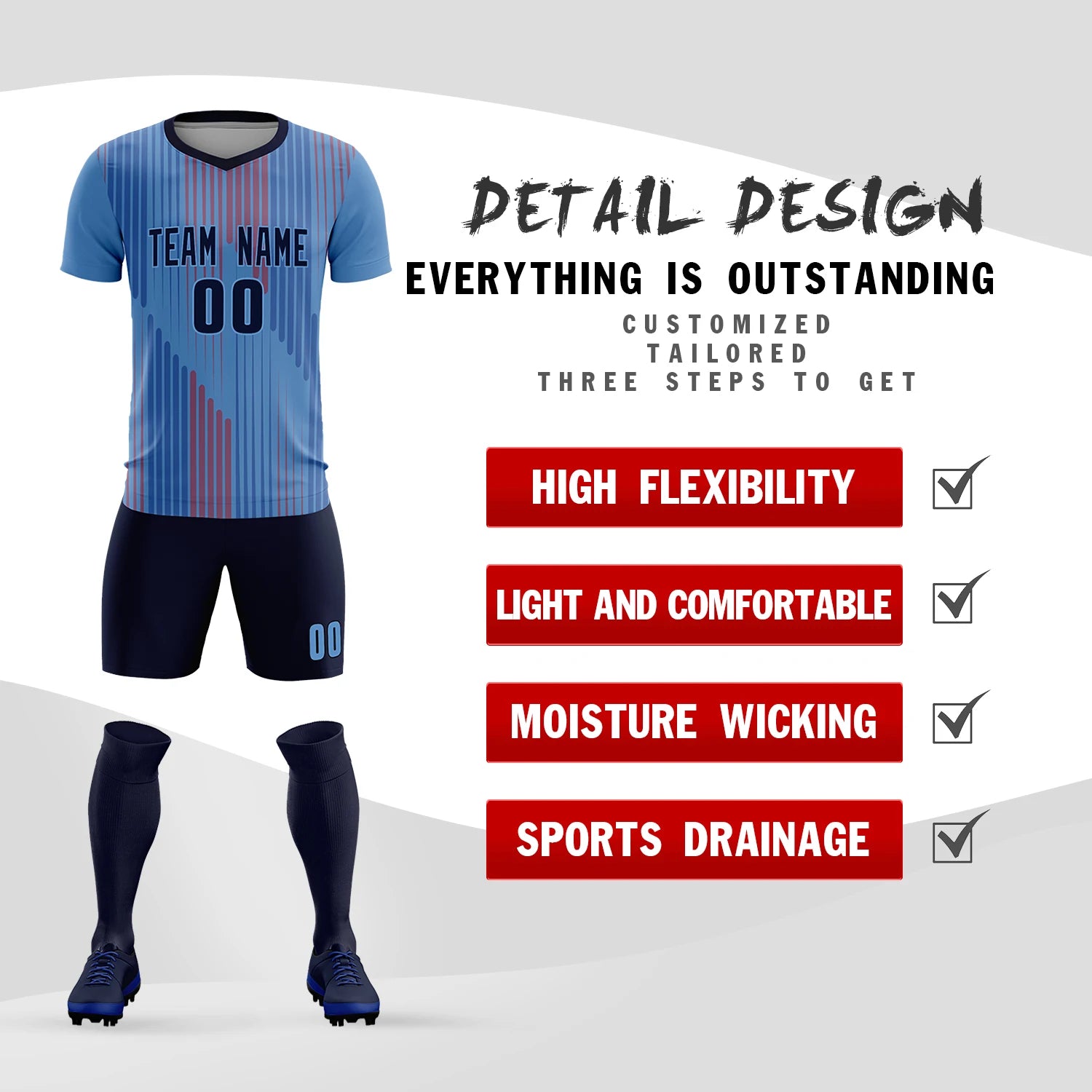 Custom Light Blue Navy Soft Training Uniform Soccer Sets Jersey