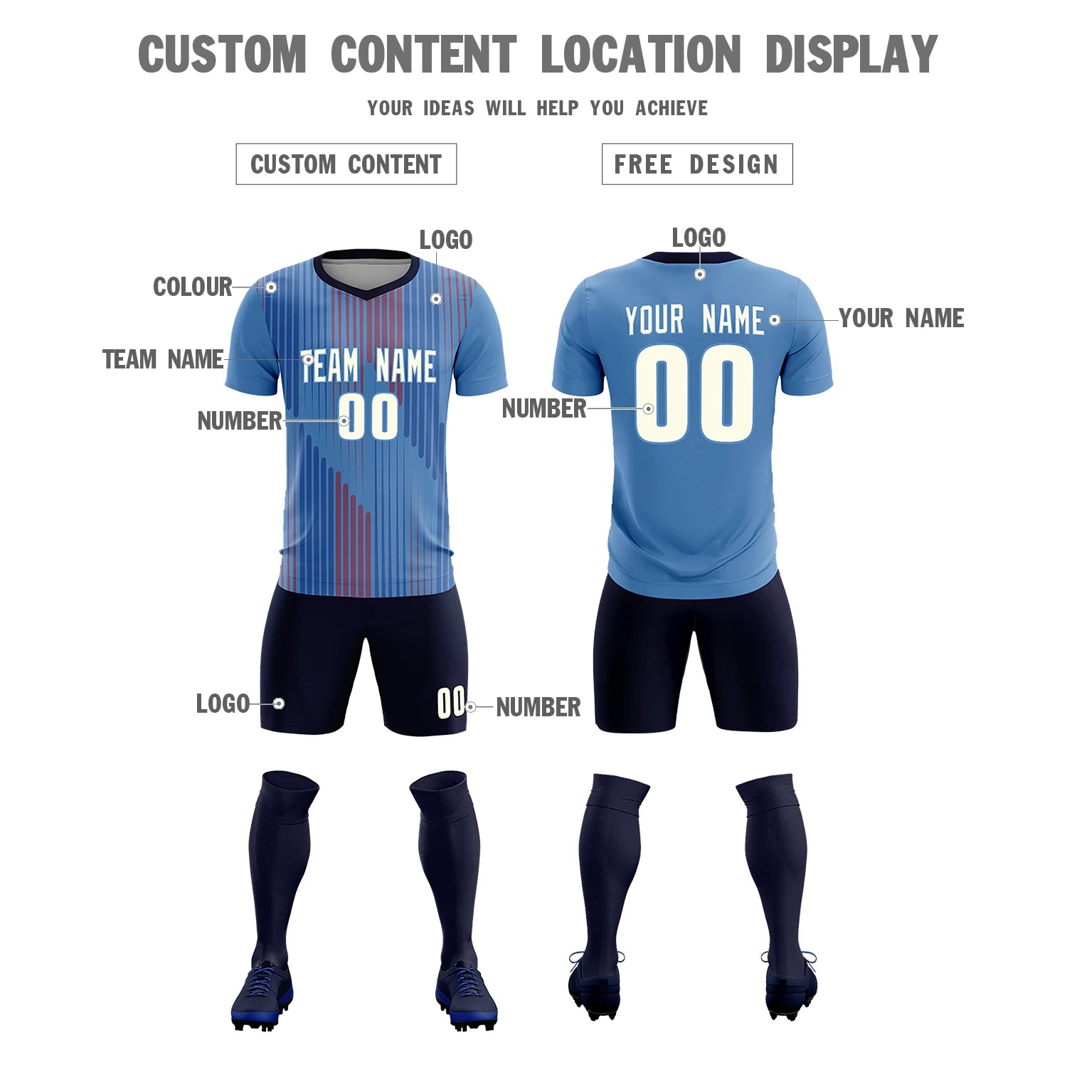 Custom Light Blue Navy Soft Training Uniform Soccer Sets Jersey