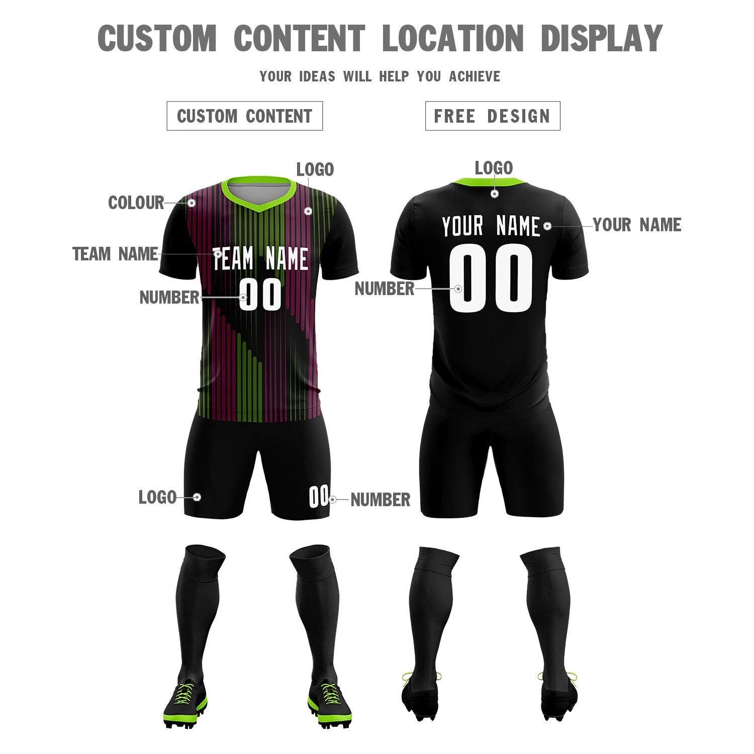 Custom Black Neon Green Soft Training Uniform Soccer Sets Jersey