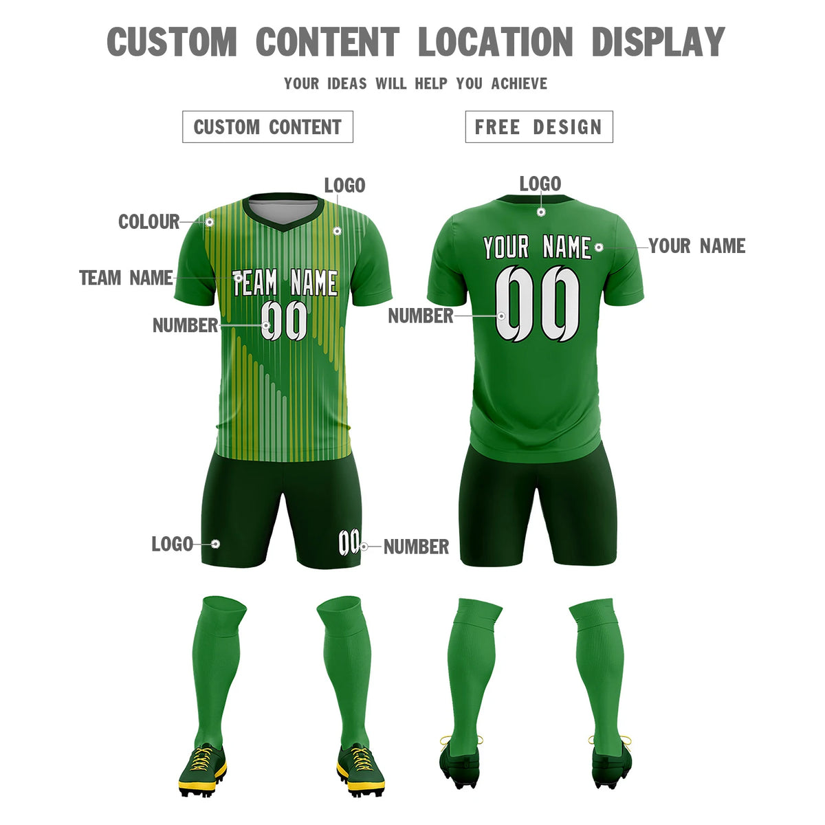 Custom Kelly Green Gold01 Soft Training Uniform Soccer Sets Jersey