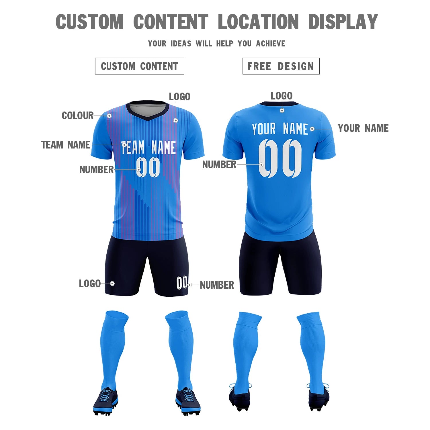 Custom Powder Blue Navy Soft Training Uniform Soccer Sets Jersey