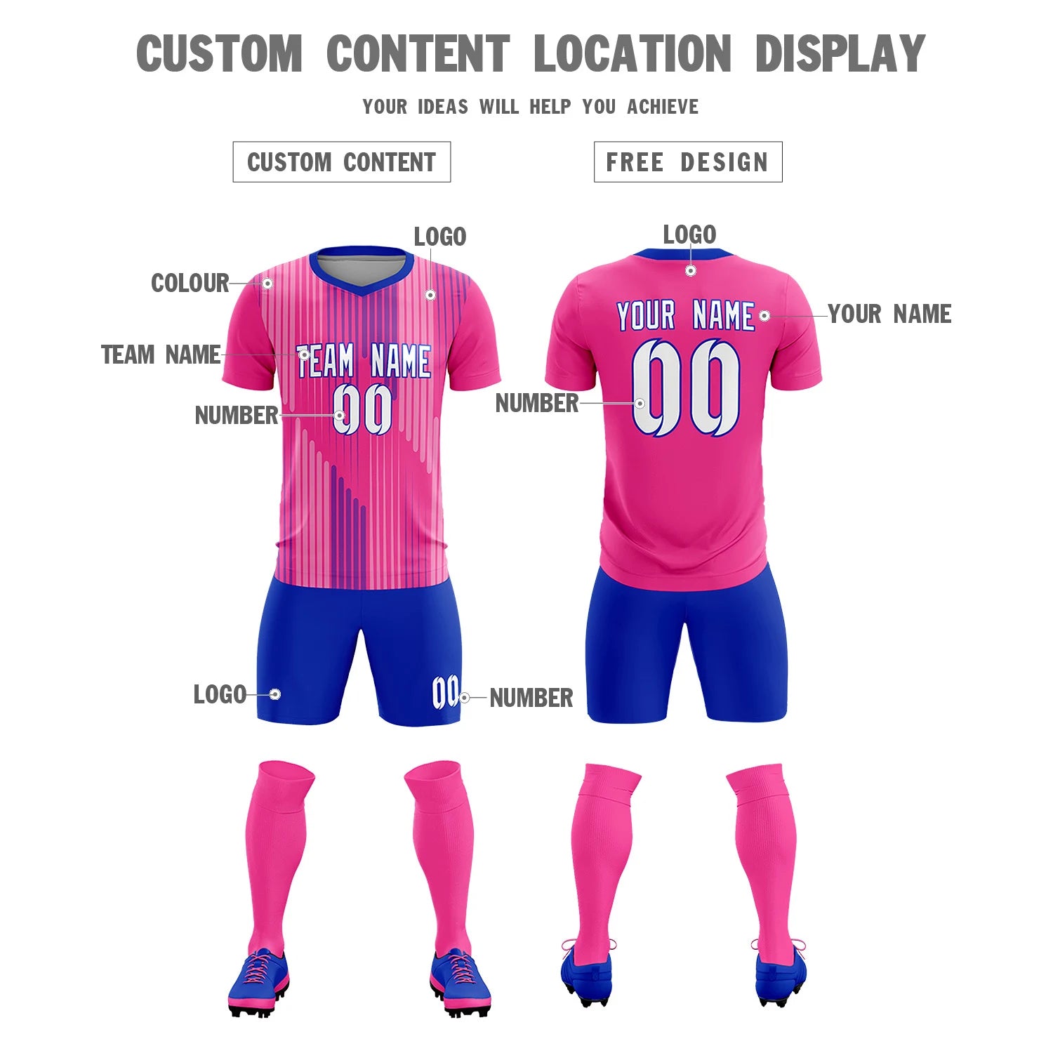 Custom Pink Royal Blue Soft Training Uniform Soccer Sets Jersey