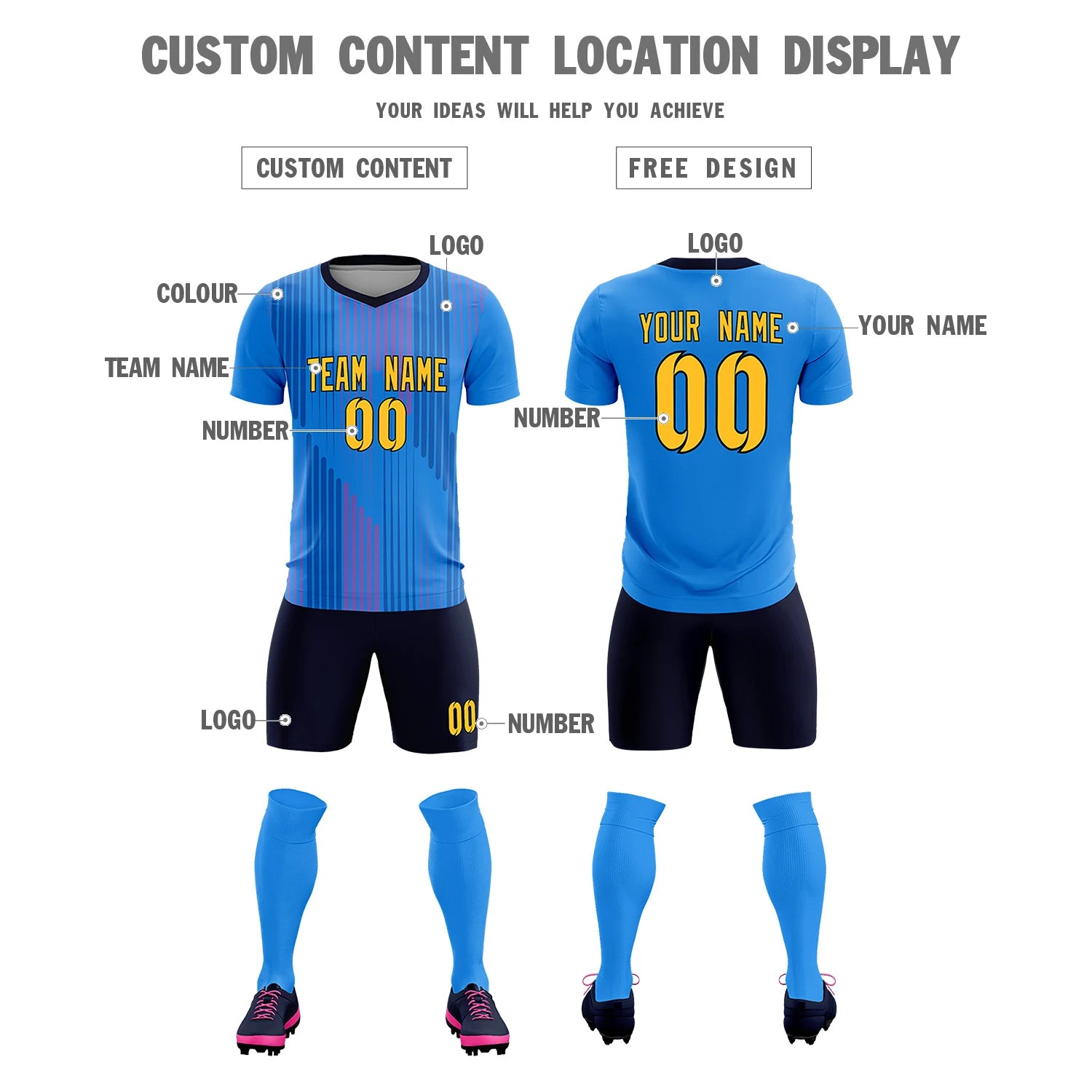 Custom Powder Blue Navy Soft Training Uniform Soccer Sets Jersey